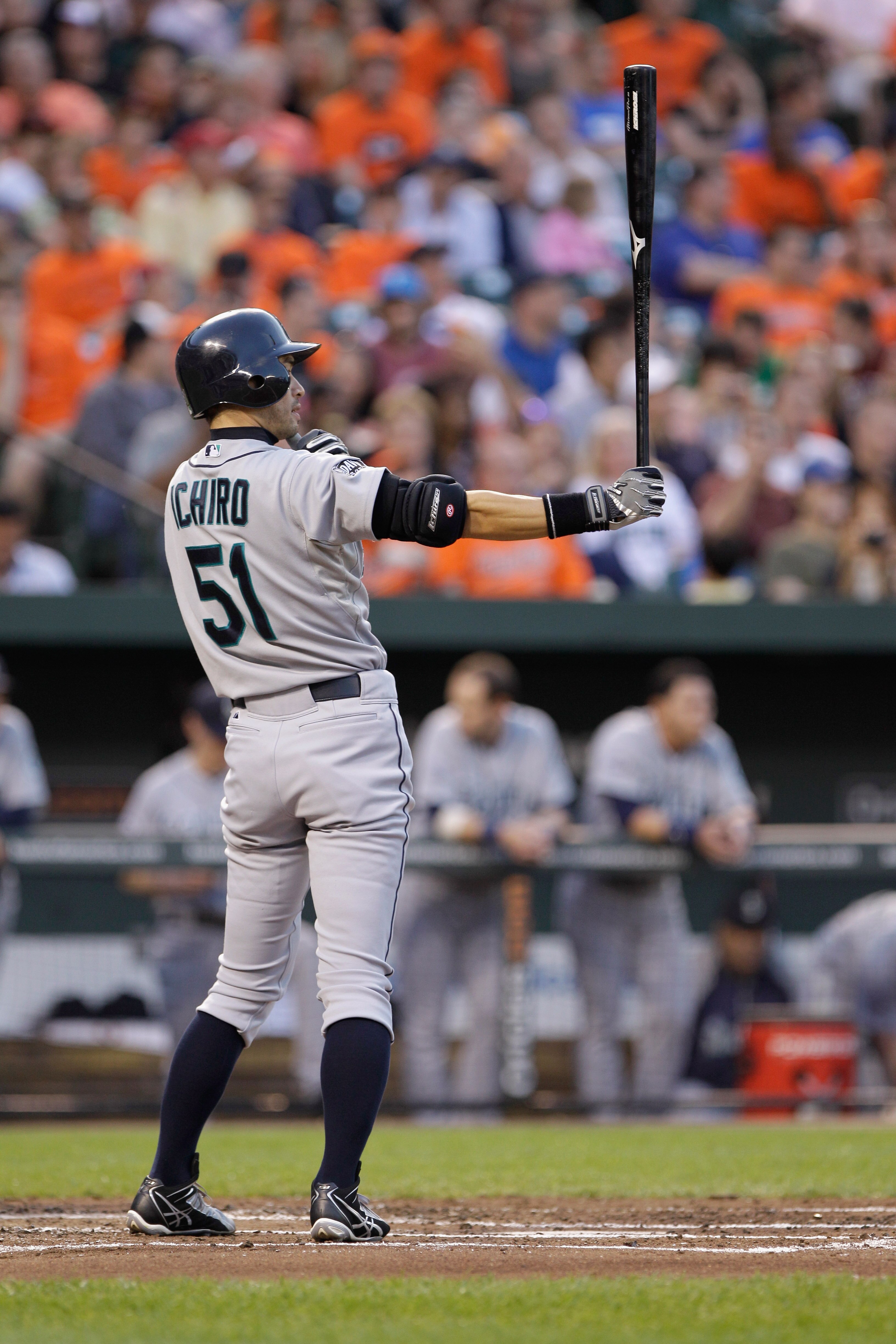 BALTIMORE, MD - MAY 12:  Ichiro Suzuki #51 of the Seattle Mariners in action against the Baltimore Orioles at Oriole Park at Camden Yards on May 12, 2011 in Baltimore, Maryland.  (Photo by Rob Carr/Getty Images)