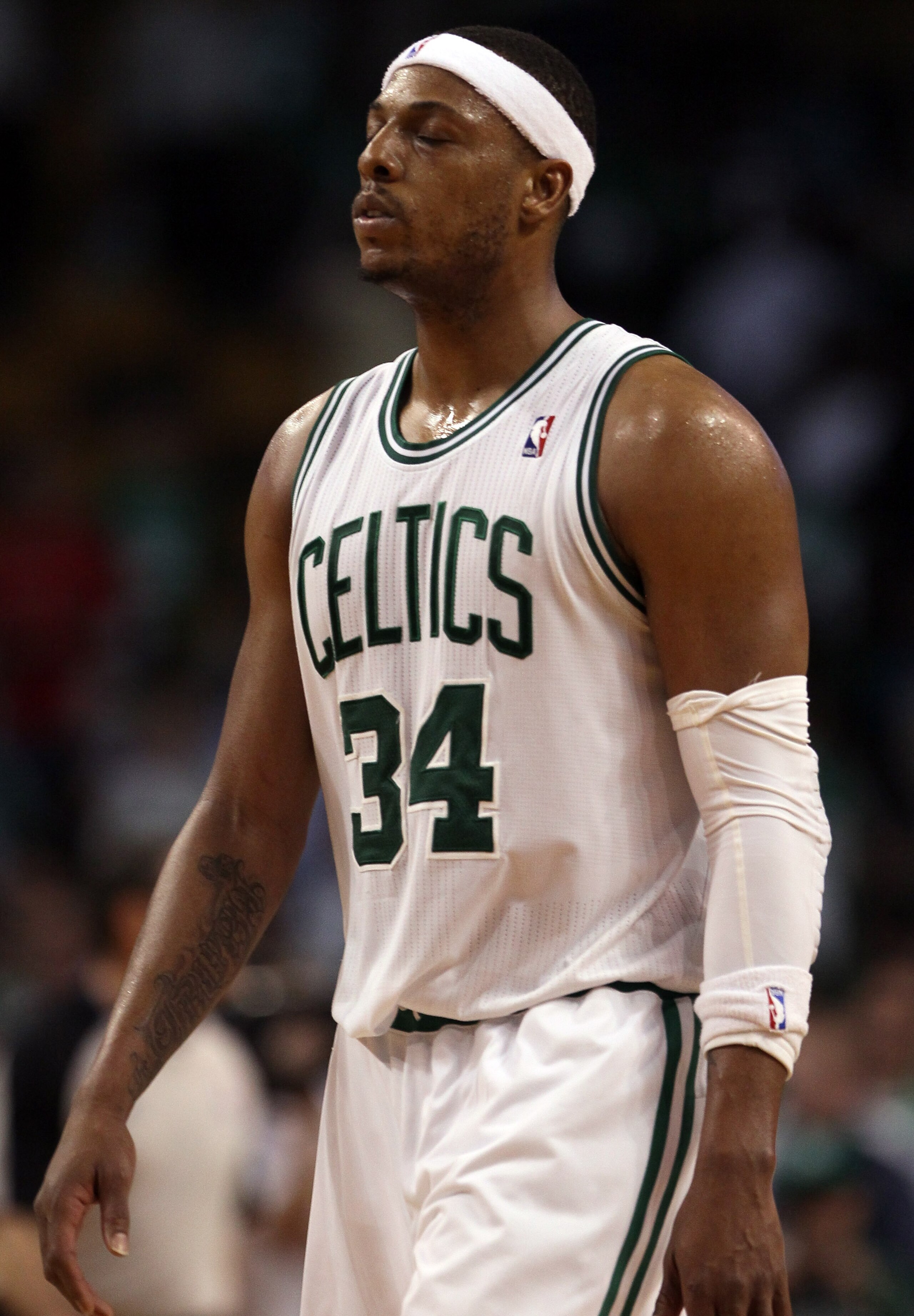 BOSTON, MA - MAY 09:  Paul Pierce #34 of the Boston Celtics reacts after the loss to the Miami Heat in Game Four of the Eastern Conference Semifinals in the 2011 NBA Playoffs on May 9, 2011 at the TD Garden in Boston, Massachusetts.  The Miami Heat defeat