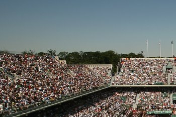PARIS - JUNE 10:  A general view of Court Philippe Chatrier taken during the Women's Final between Svetlana Kuznetsova of Russia and Justine Henin-Hardenne of Belgium during day fourteen of the French Open at Roland Garros on June 10, 2006 in Paris, Franc