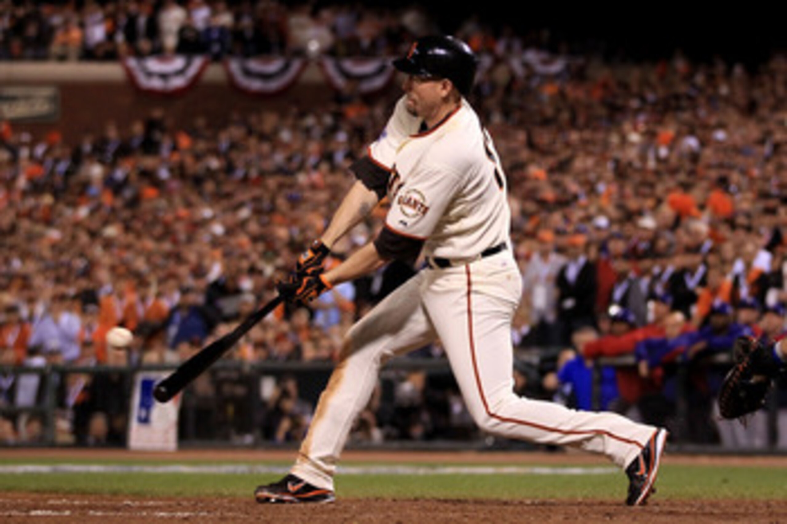 SAN FRANCISCO - OCTOBER 27: Aubrey Huff #17 of the San Francisco Giants hits an RBI single in the fifth against the Texas Rangers in Game One of the 2010 MLB World Series at AT&T Park on October 27, 2010 in San Francisco, California. (Photo by Ezra Shaw SAN FRANCISCO - OCTOBER 27: Aubrey Huff #17 of the San Francisco Giants hits an RBI single in the fifth against the Texas Rangers in Game One of the 2010 MLB World Series at AT&T Park on October 27, 2010 in San Francisco, California. (Photo by Ezra Shaw