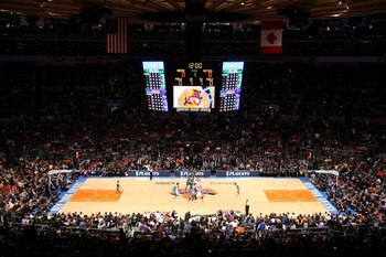 NEW YORK, NY - APRIL 22:  A general view of the opening tip-off between the New York Knicks and the Boston Celtics in Game Three of the Eastern Conference Quarterfinals in the 2011 NBA Playoffs on April 22, 2011 at Madison Square Garden in New York City. 