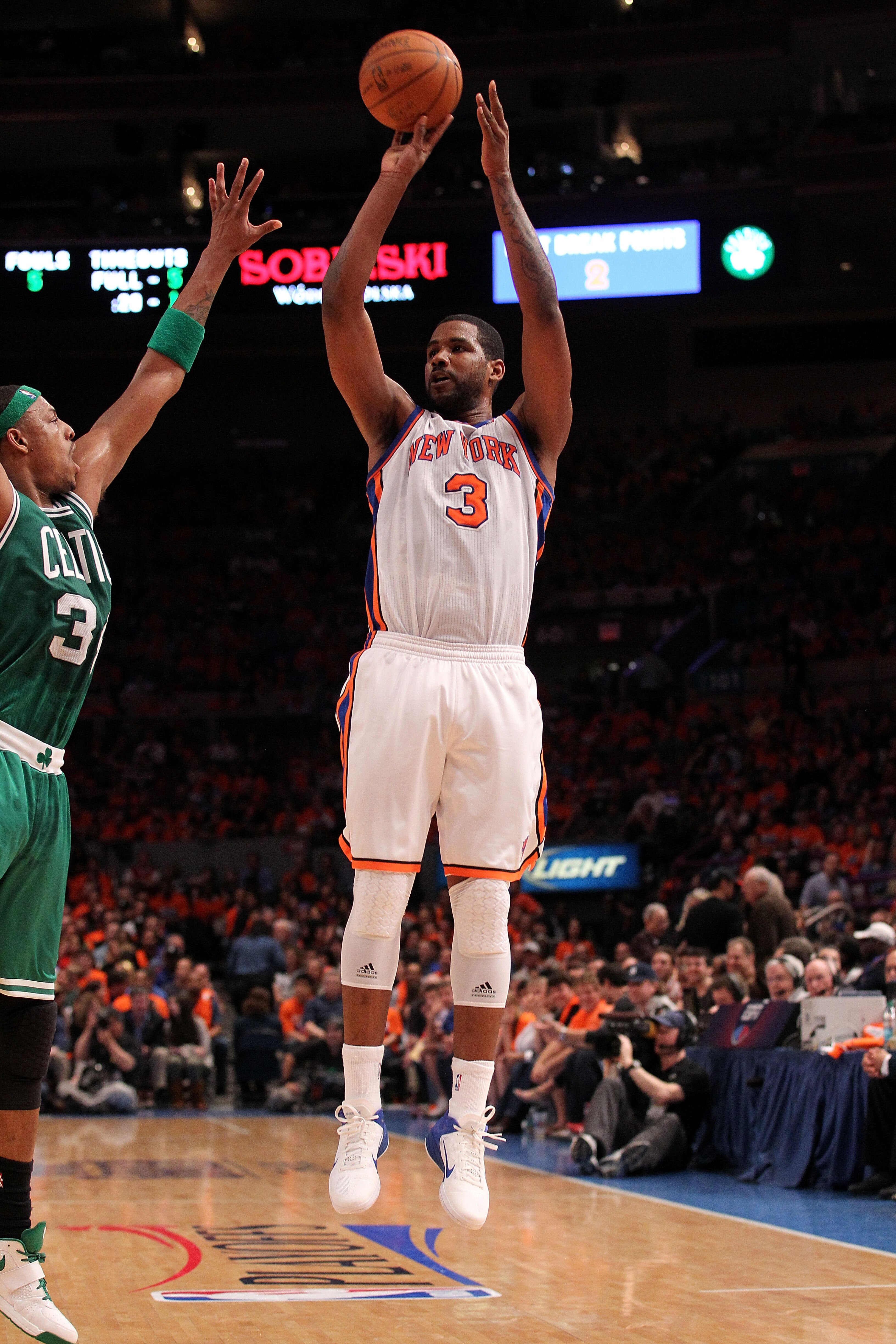 NEW YORK, NY - APRIL 24:  Shawne Williams #3 of the New York Knicks attempts a shot agaist the Boston Celtics in Game Four of the Eastern Conference Quarterfinals during the 2011 NBA Playoffs on April 24, 2011 at Madison Square Garden in New York City. Th