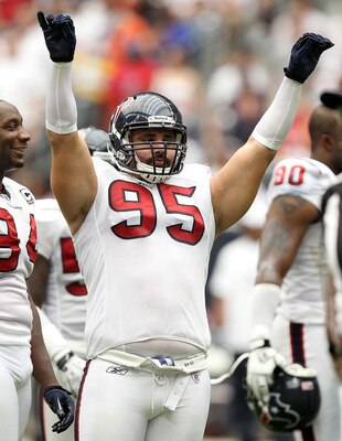 HOUSTON - SEPTEMBER 12:  Defensive tackle Shaun Cody #95 at Reliant Stadium on September 12, 2010 in Houston, Texas.  (Photo by Ronald Martinez/Getty Images)