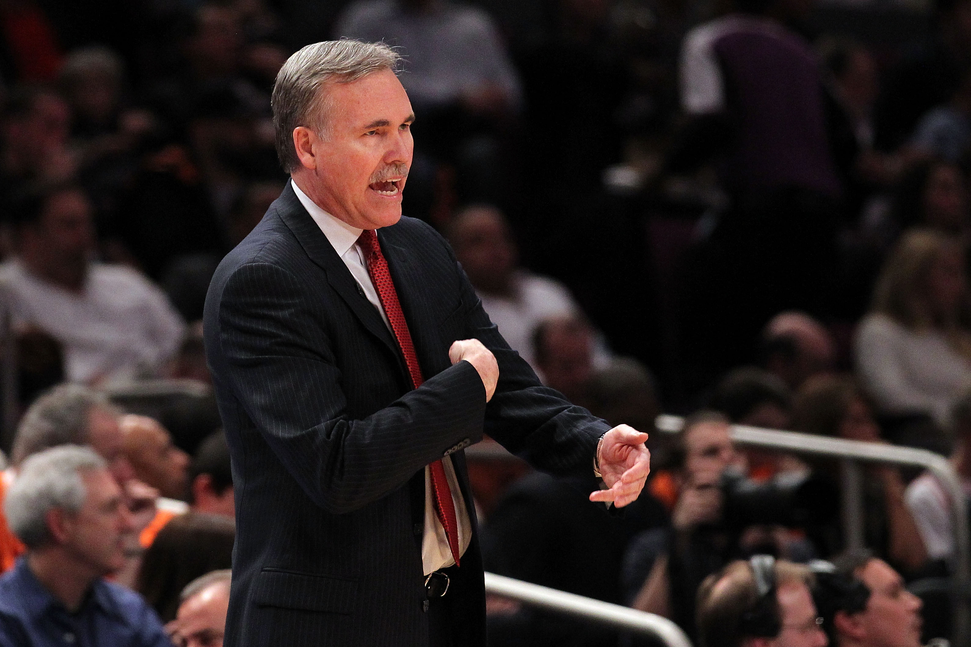 NEW YORK, NY - APRIL 22:  Mike D'Antoni of the New York Knicks reacts as he coaches against the Boston Celtics in Game Three of the Eastern Conference Quarterfinals in the 2011 NBA Playoffs on April 22, 2011 at Madison Square Garden in New York City.  NOT