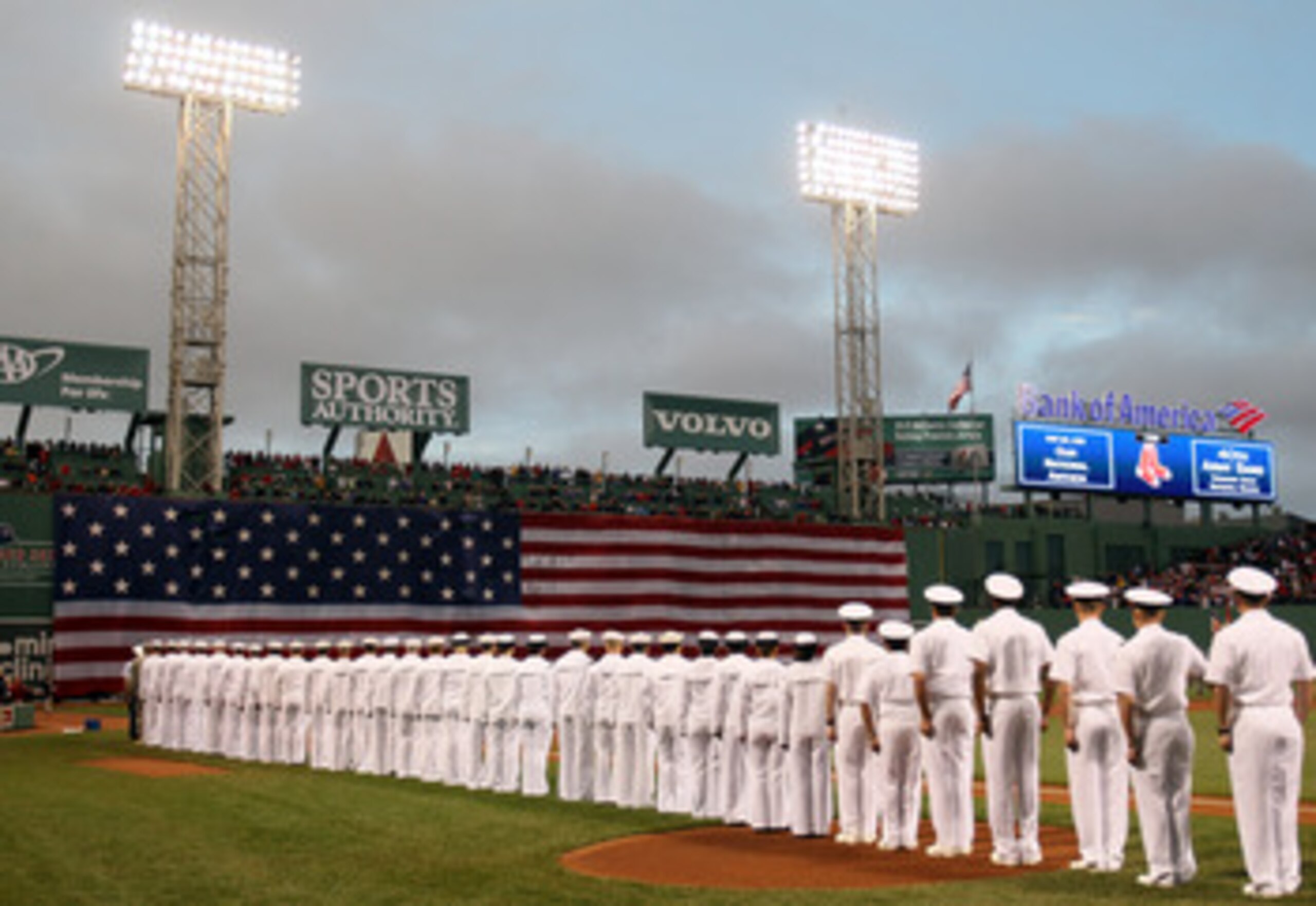 BOSTON, MA - MAY 22:  Members of all four branches of the United States military stand on the field for a pregame ceremoiney before the game between the Chicago Cubs and the Boston Red Sox on May 22, 2011 at Fenway Park in Boston, Massachusetts.  Before t