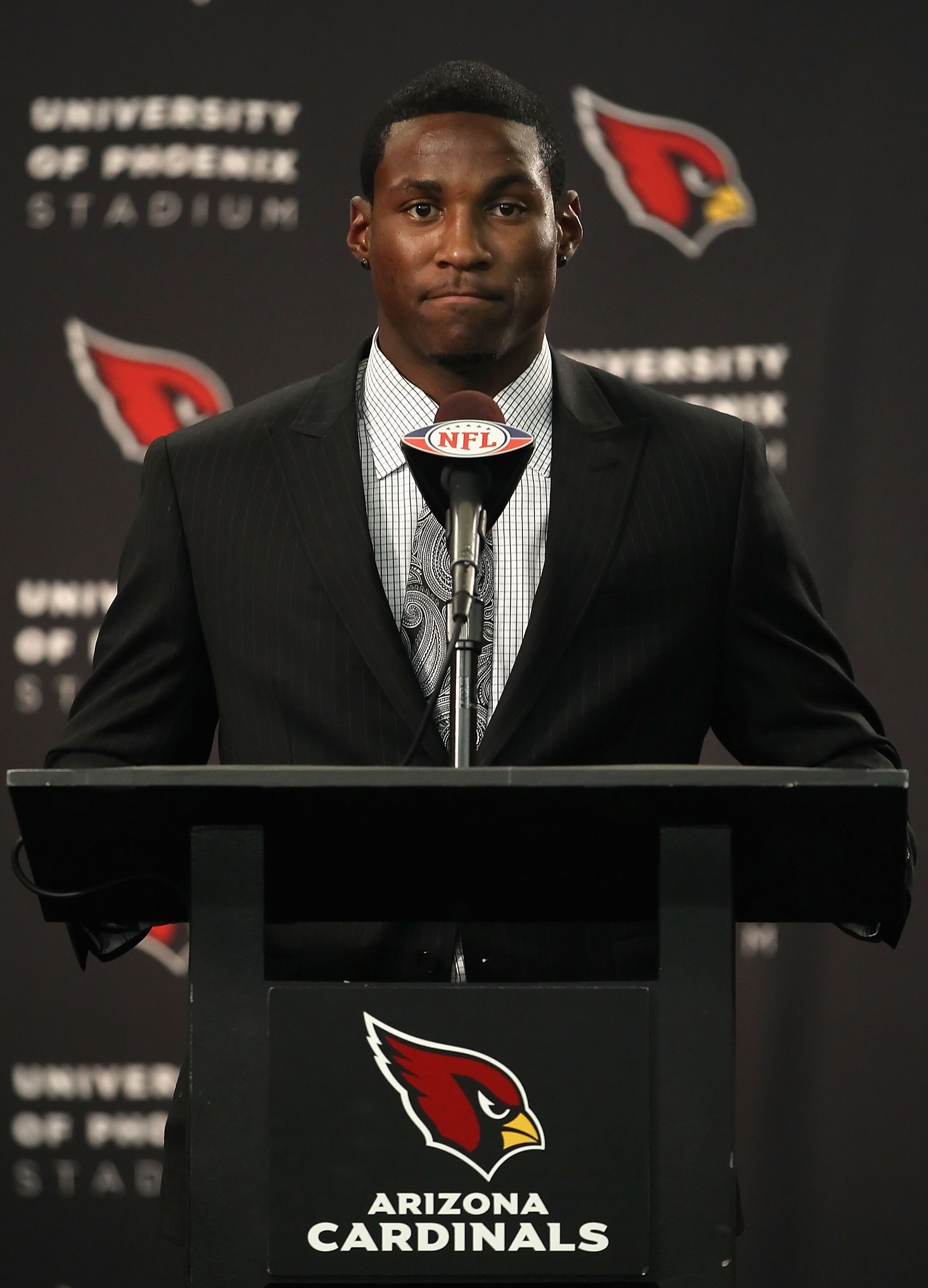TEMPE, AZ - APRIL 29:  First round draft pick Patrick Peterson of the Arizona Cardinals speaks during a press conference to introduce him at the team's training center auditorium on April 29, 2011 in Tempe, Arizona.  (Photo by Christian Petersen/Getty Ima
