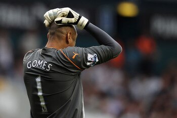 LONDON, UNITED KINGDOM - MAY 07:  Heurelho Gomes of Spurs reacts during the Barclays Premier League match between Tottenham Hotspur and Blackpool at White Hart Lane on May 7, 2011 in London, England.  (Photo by Scott Heavey/Getty Images)