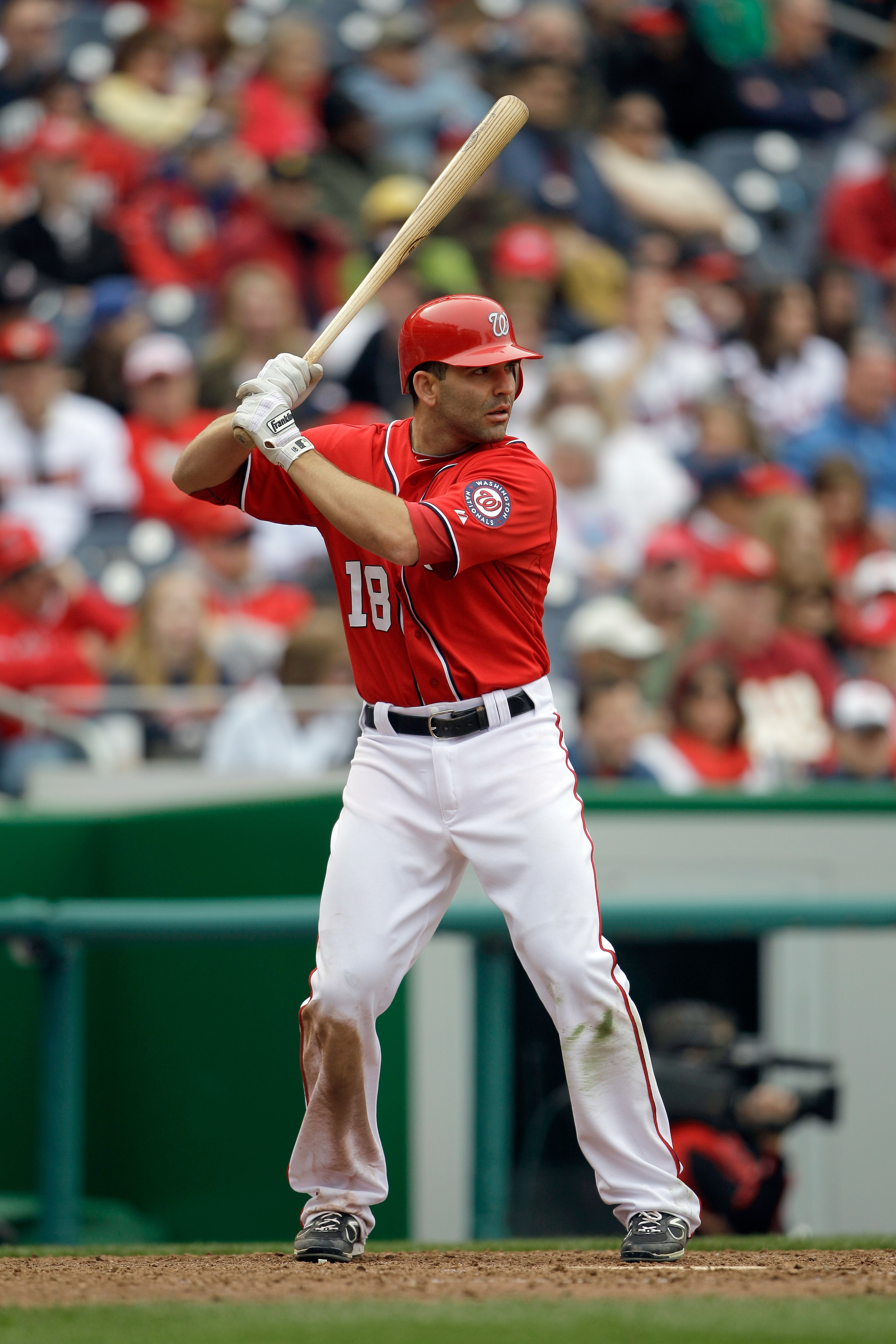 WASHINGTON, DC - APRIL 03: Danny Espinosa #18 of the Washington Nationals at the plate against the Atlanta Braves at Nationals Park on April 3, 2011 in Washington, DC.  (Photo by Rob Carr/Getty Images)