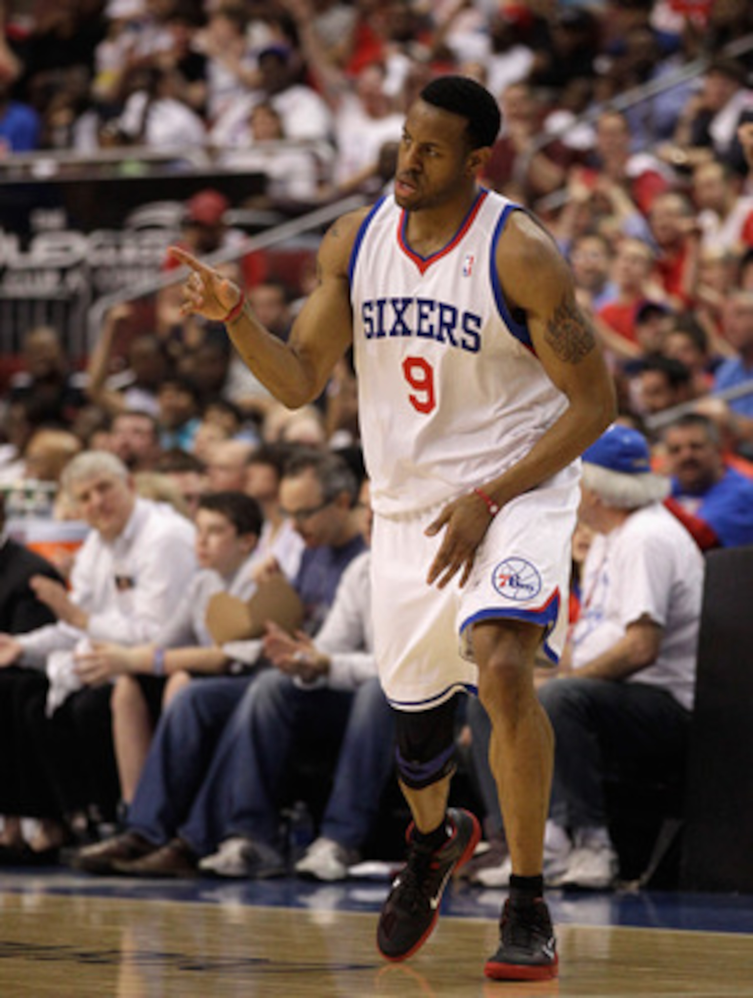PHILADELPHIA, PA - APRIL 24: Andre Iguodala #9 of the Philadelphia 76ers celebrates after scoring against the Miami Heat during the second half in Game Four of the Eastern Conference Quarterfinals in the 2011 NBA Playoffs at Wells Fargo Center on April 24