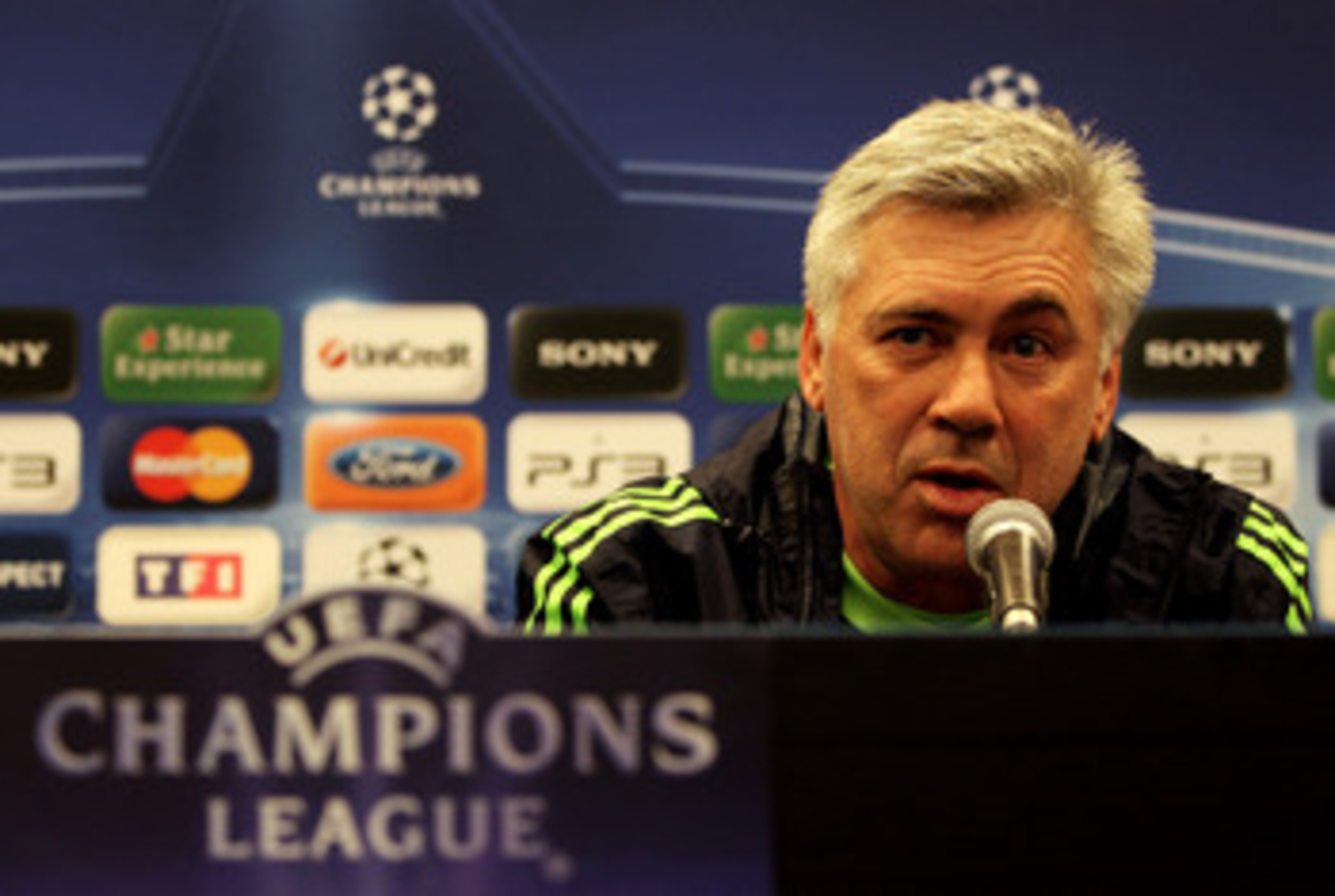 MARSEILLE, FRANCE - DECEMBER 07:  Carlo Ancelotti the Chelsea manger speaks to the media during the Chelsea press conference ahead of their UEFA Champions League Group F match against Marseille at the Stade Velodrome on December 7, 2010 in Marseille, Fran
