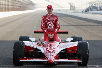 INDIANAPOLIS, IN - MAY 22:  Scott Dixon of New Zealand, driver of the #9 Target Chip Ganassi Racing Dallara Honda poses on the finish line with after qualifying on the front row for the Indianapolis 500 on May 22, 2011 at Indianapolis Motor Speedway in In