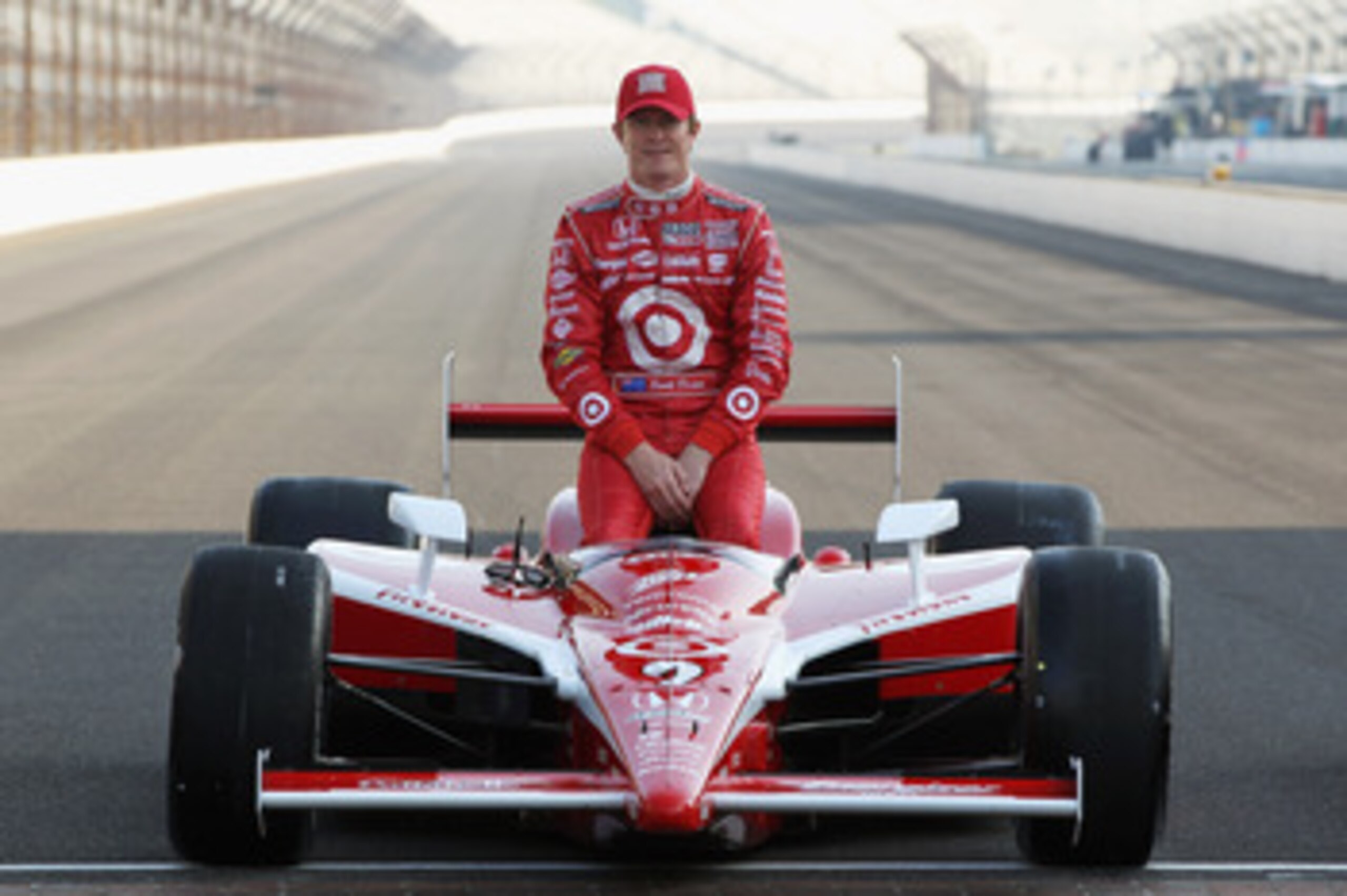 INDIANAPOLIS, IN - MAY 22:  Scott Dixon of New Zealand, driver of the #9 Target Chip Ganassi Racing Dallara Honda poses on the finish line with after qualifying on the front row for the Indianapolis 500 on May 22, 2011 at Indianapolis Motor Speedway in In
