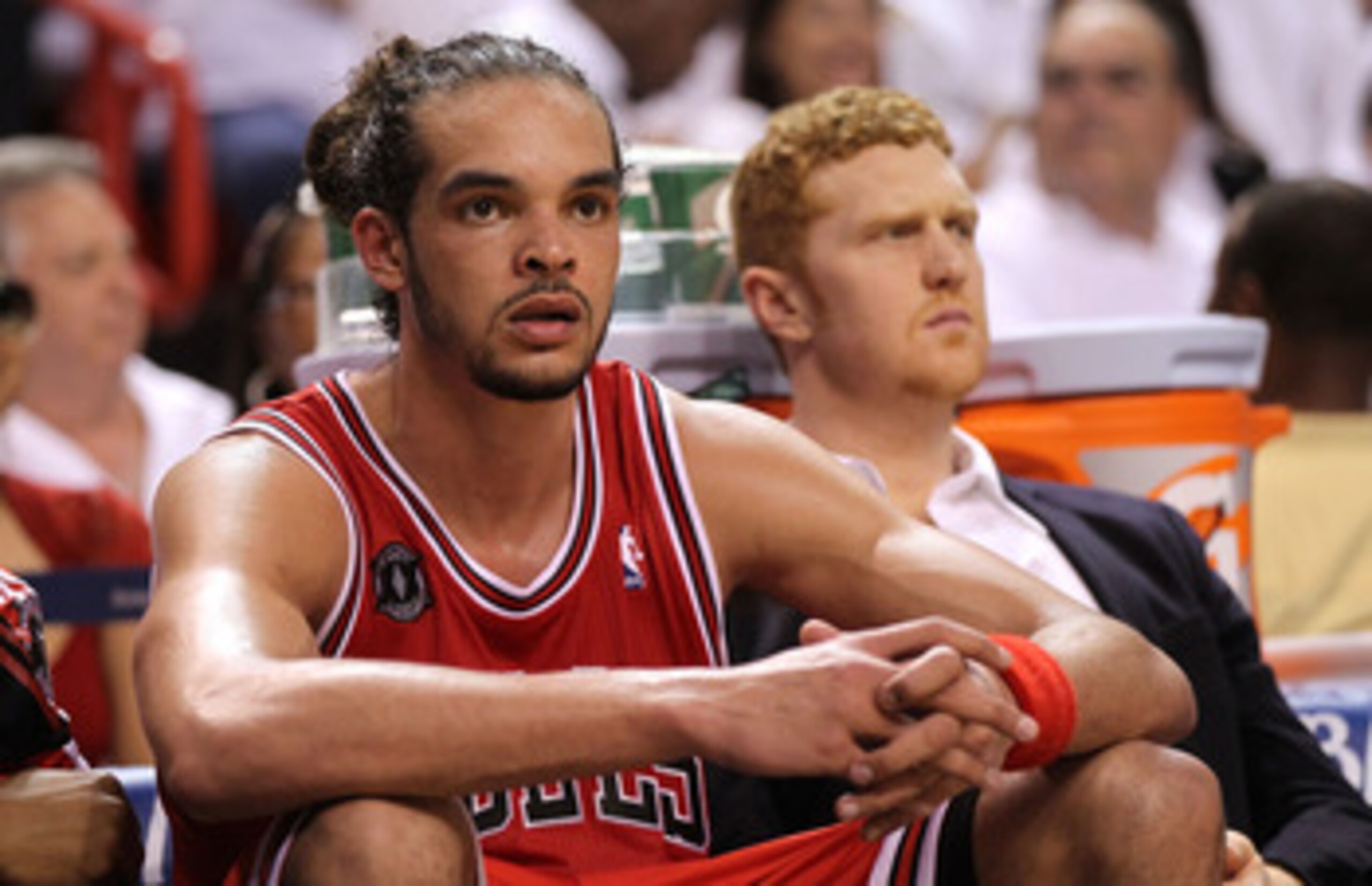 MIAMI, FL - MAY 22: Joakim Noah #13 (L) and Brian Scalabrine #24 of the Chicago Bulls look on dejected from the bench late in the fourth quarter against the Miami Heat in Game Three of the Eastern Conference Finals during the 2011 NBA Playoffs on May 22, MIAMI, FL - MAY 22: Joakim Noah #13 (L) and Brian Scalabrine #24 of the Chicago Bulls look on dejected from the bench late in the fourth quarter against the Miami Heat in Game Three of the Eastern Conference Finals during the 2011 NBA Playoffs on May 22,
