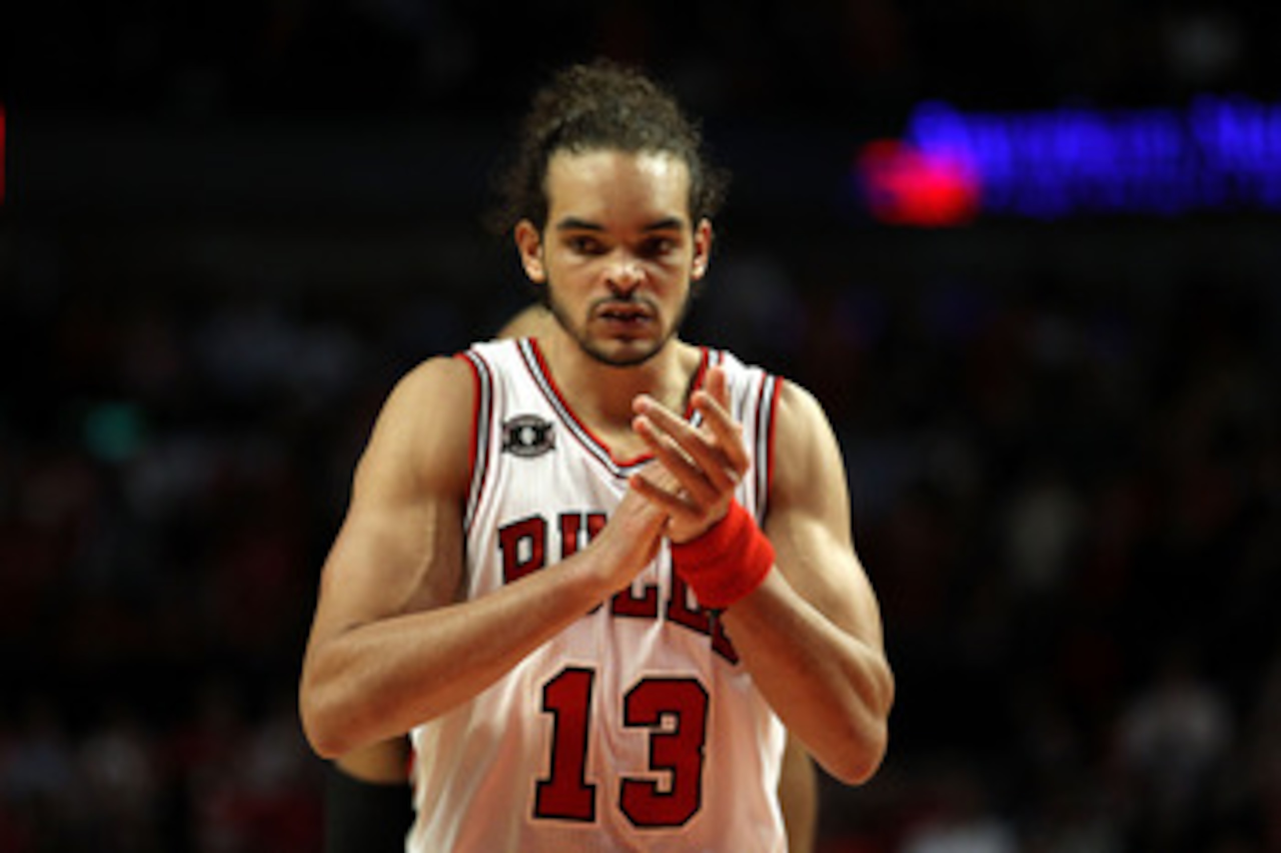 CHICAGO, IL - MAY 18: Joakim Noah #13 of the Chicago Bulls looks on against the Miami Heat in Game Two of the Eastern Conference Finals during the 2011 NBA Playoffs on May 18, 2011 at the United Center in Chicago, Illinois. The Heat won 85-75. NOTE TO USE CHICAGO, IL - MAY 18: Joakim Noah #13 of the Chicago Bulls looks on against the Miami Heat in Game Two of the Eastern Conference Finals during the 2011 NBA Playoffs on May 18, 2011 at the United Center in Chicago, Illinois. The Heat won 85-75. NOTE TO USE