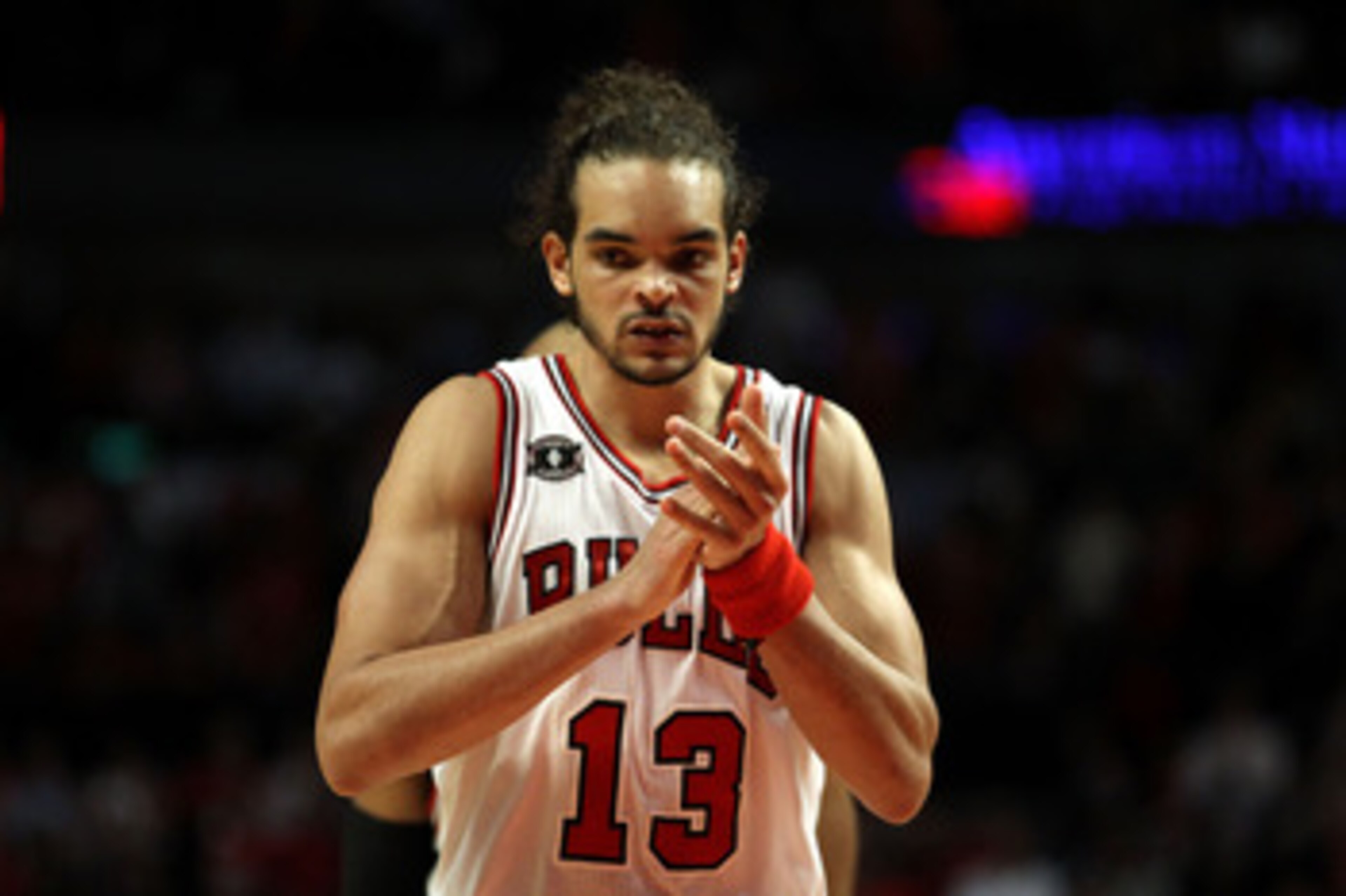 CHICAGO, IL - MAY 18: Joakim Noah #13 of the Chicago Bulls looks on against the Miami Heat in Game Two of the Eastern Conference Finals during the 2011 NBA Playoffs on May 18, 2011 at the United Center in Chicago, Illinois. The Heat won 85-75. NOTE TO USE