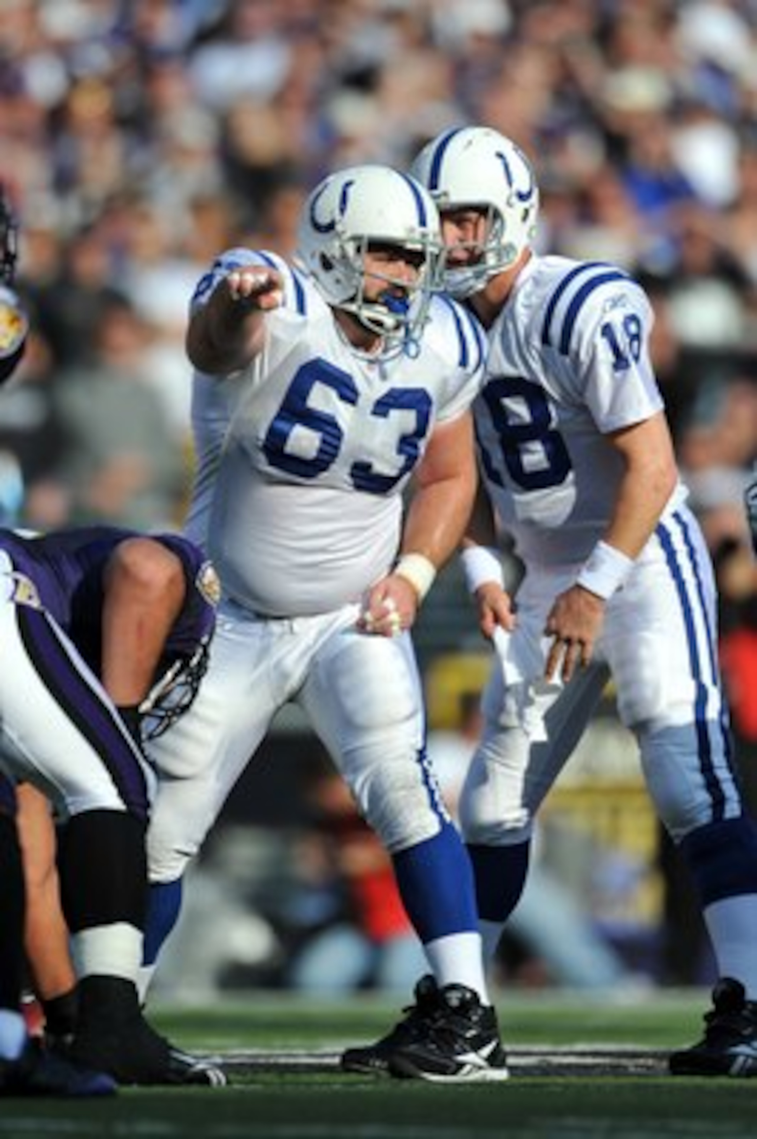 BALTIMORE - NOVEMBER 22:  Jeff Saturday #63 of the Indianapolis Colts signals to the offensive line during the game against the Baltimore Ravens at M&T Bank Stadium on November 22, 2009 in Baltimore, Maryland. The Colts defeated the Ravens 17-15. (Photo b
