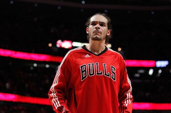 CHICAGO, IL - MAY 15:  Joakim Noah #13 of the Chicago Bulls looks on against the Miami Heat in Game One of the Eastern Conference Finals during the 2011 NBA Playoffs on May 15, 2011 at the United Center in Chicago, Illinois. The Bulls won 103-82. NOTE TO 