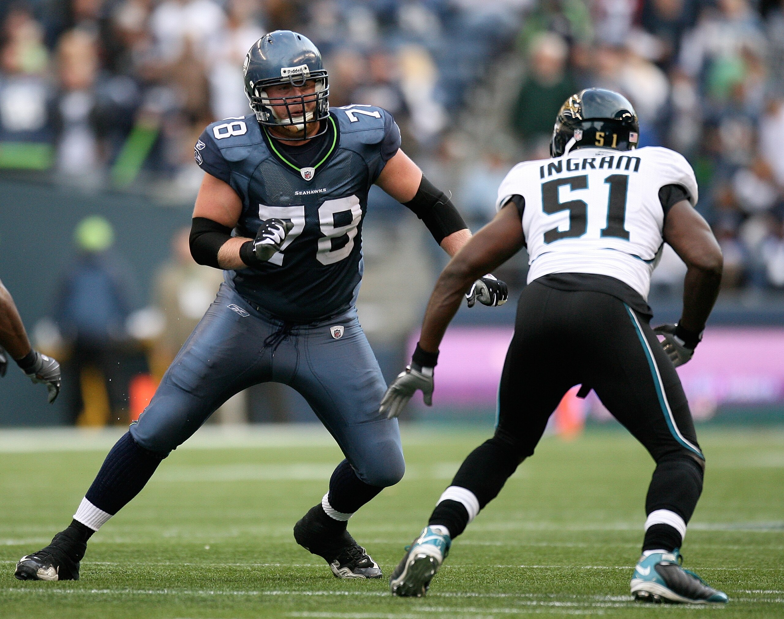 SEATTLE - OCTOBER 11:  Offensive tackle Kyle Williams #78 of the Seattle Seahawks pass blocks against Clint Ingram #51 of the Jacksonville Jaguars on October 11, 2009 at Qwest Field in Seattle, Washington. The Seahawks defeated the Jaguars 41-0. (Photo by
