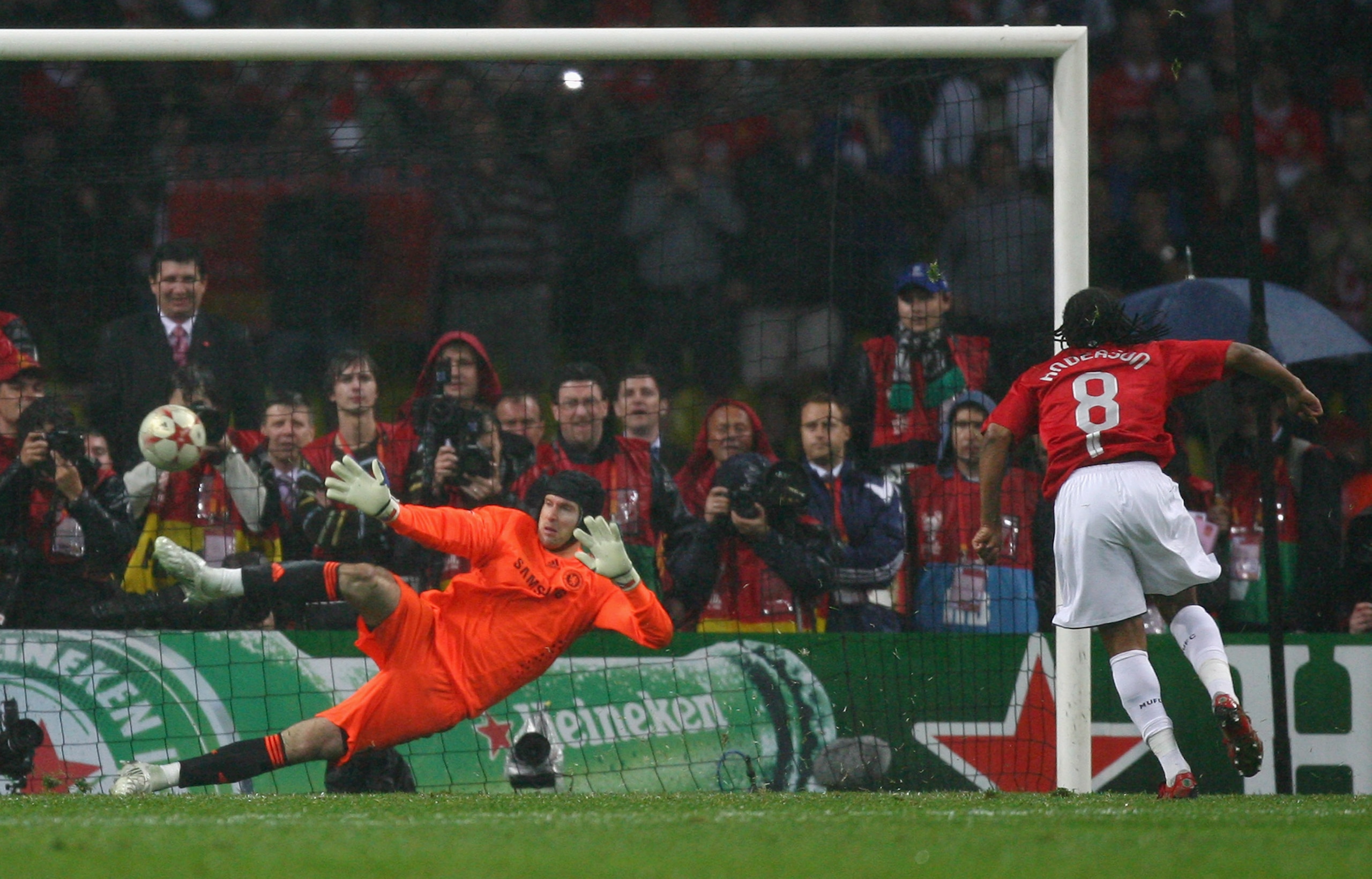 MOSCOW - MAY 21:  Anderson of Manchester United beats Petr Cech of Chelsea as he scores a penalty in the shoot out during the UEFA Champions League Final match between Manchester United and Chelsea at the Luzhniki Stadium on May 21, 2008 in Moscow, Russia