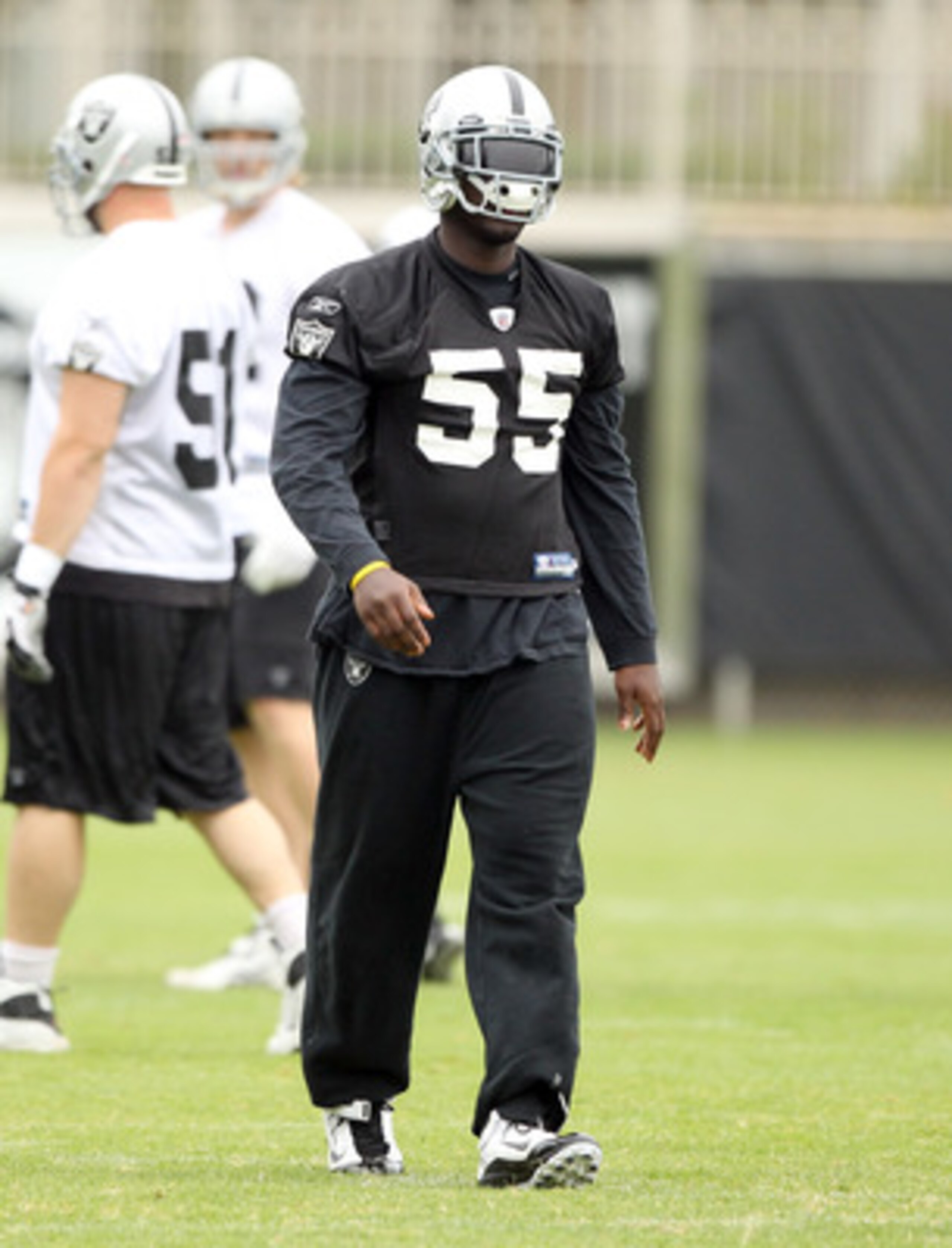 NAPA, CA - AUGUST 01:  Rolando McClain #55 of the Oakland Raiders works out during the Raiders training camp at their Napa Valley Training Complex on August 1, 2010 in Napa, California.  (Photo by Ezra Shaw/Getty Images)