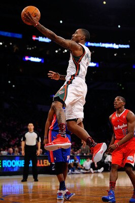 LOS ANGELES, CA - FEBRUARY 18: Brandon Jennings #3 of the Milwaukee Bucks and the Sophomore Team lays the ball up in the first half during the T-Mobile Rookie Challenge and Youth Jam at Staples Center on February 18, 2011 in Los Angeles, California. (Ph LOS ANGELES, CA - FEBRUARY 18: Brandon Jennings #3 of the Milwaukee Bucks and the Sophomore Team lays the ball up in the first half during the T-Mobile Rookie Challenge and Youth Jam at Staples Center on February 18, 2011 in Los Angeles, California. (Ph