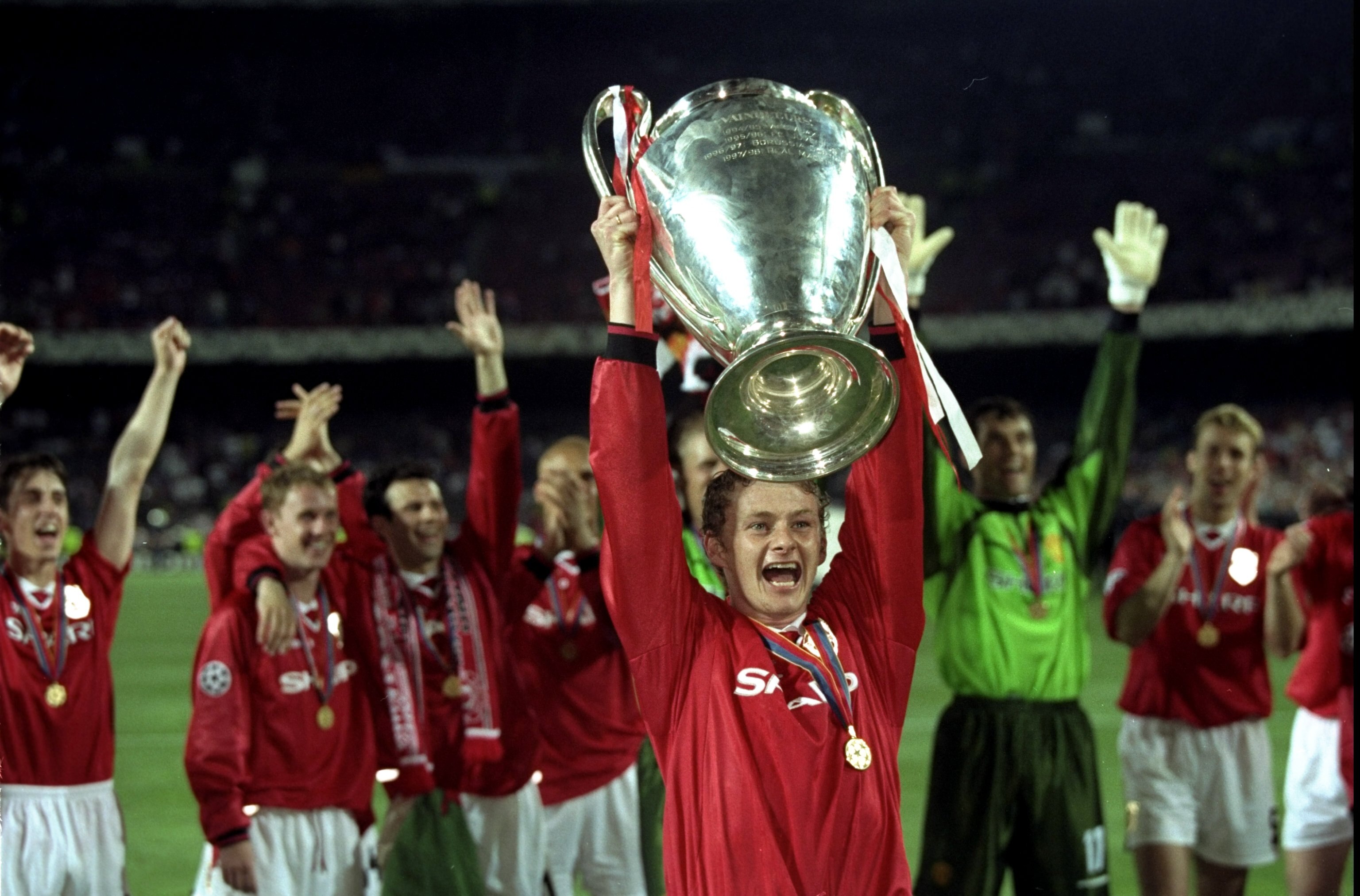 26 May 1999:  Ole Gunnar Solskjaer holds aloft the European Cup after Manchester United win the European Champions League Final against Bayern Munich in the Nou Camp Stadium, Barcelona, Spain. Manchester United won 2 - 1 with Solskjaer scoring the secondg