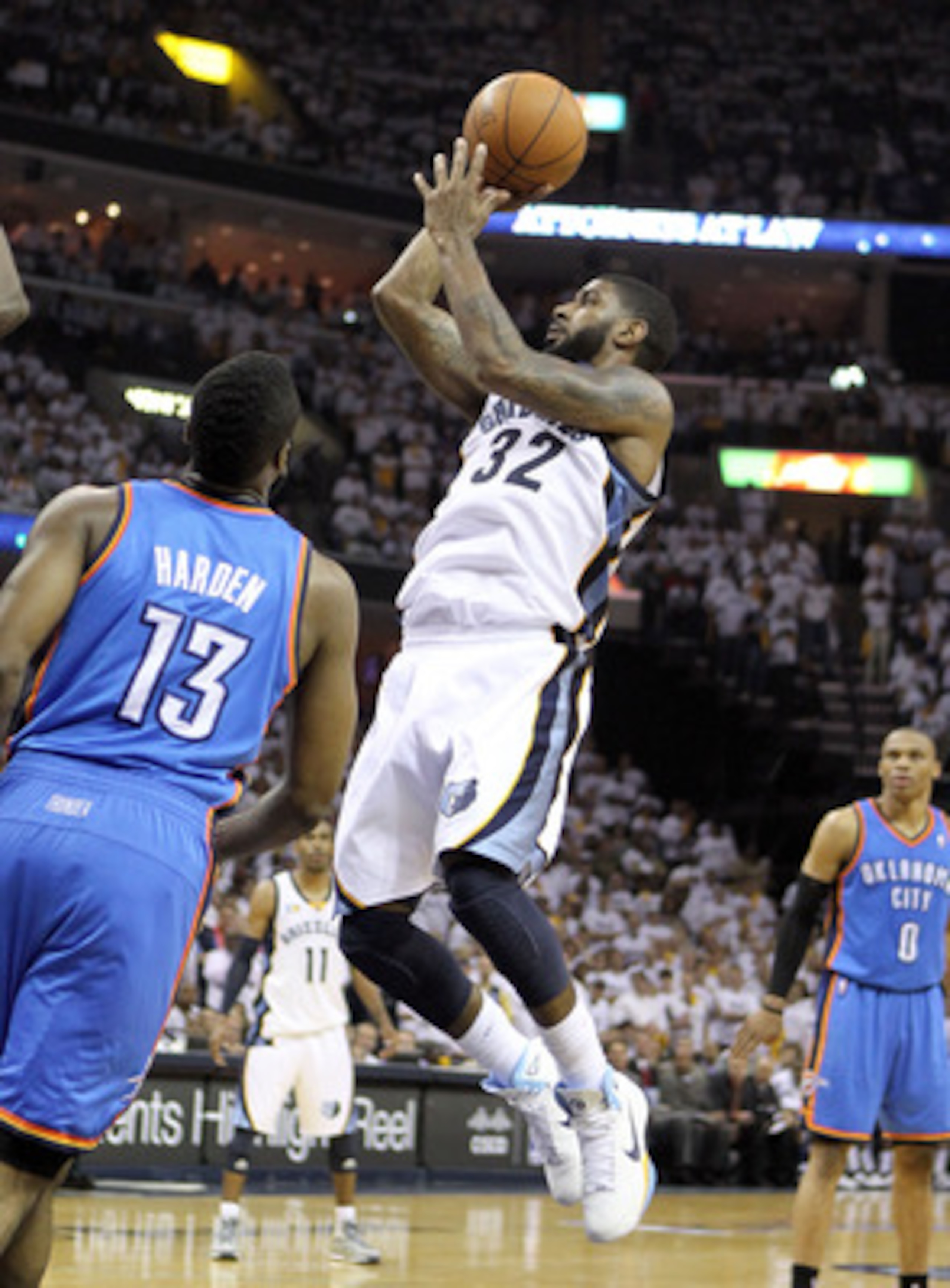 MEMPHIS, TN - MAY 07:  O.J. Mayo #32 of the  Memphis Grizzlies shoots the ball during the game against the Oklahoma City Thunder in Game Three of the Western Conference Semifinals in the 2011 NBA Playoffs at FedExForum on May 7, 2011 in Memphis, Tennessee