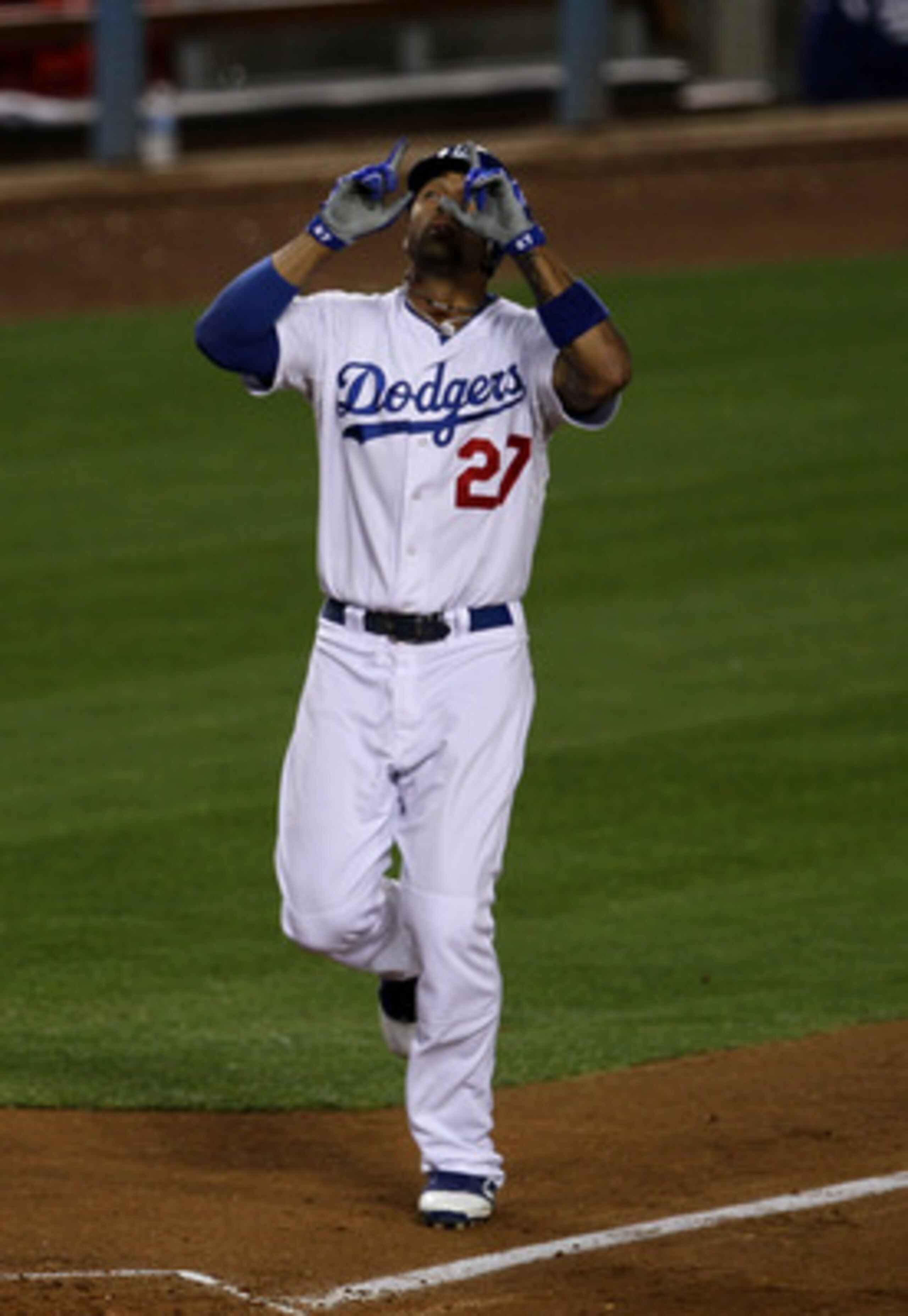 LOS ANGELES - MAY 18:  Matt Kemp #27 of the Los Angeles Dodgers celebrates as he scores on his solo home run in the fifth inning against the San Francisco Giants on May 18, 2011 at Dodger Stadium in Los Angeles, California.  (Photo by Stephen Dunn/Getty I