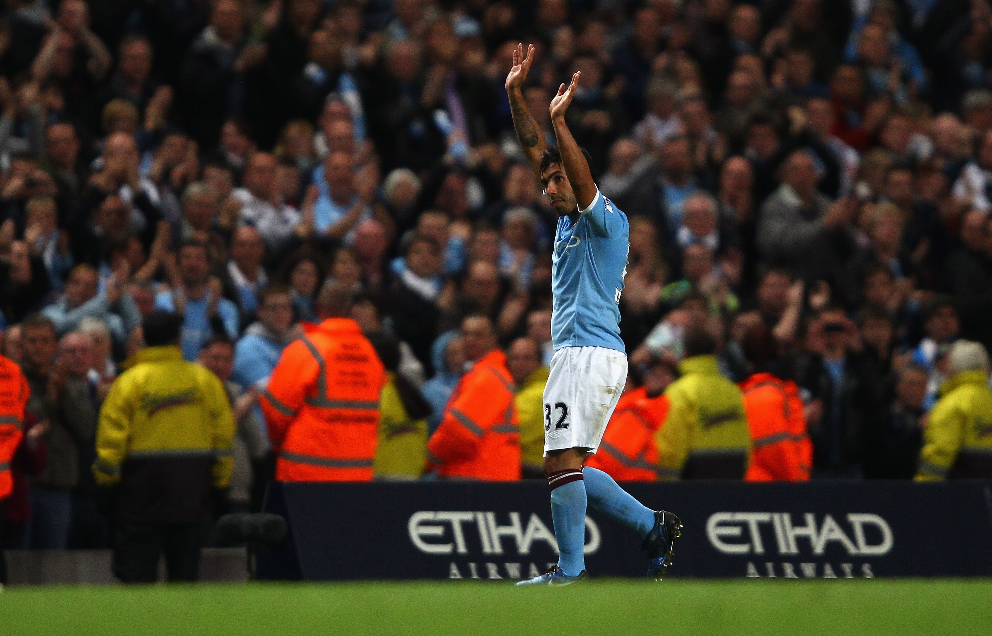 MANCHESTER, ENGLAND - MAY 17:  Carlos Tevez of Manchester City is substituted after scoring two goals during the Barclays Premier League match between Manchester City and Stoke City at City of Manchester Stadium on May 17, 2011 in Manchester, England.  (P