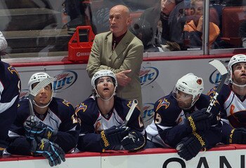 ANAHEIM, CA - OCTOBER 15:  Atlanta Thrashers head coach Craig Ramsay looks on from the bench against the Anaheim Ducks at Honda Center on October 15, 2010 in Anaheim, California.  (Photo by Jeff Gross/Getty Images)