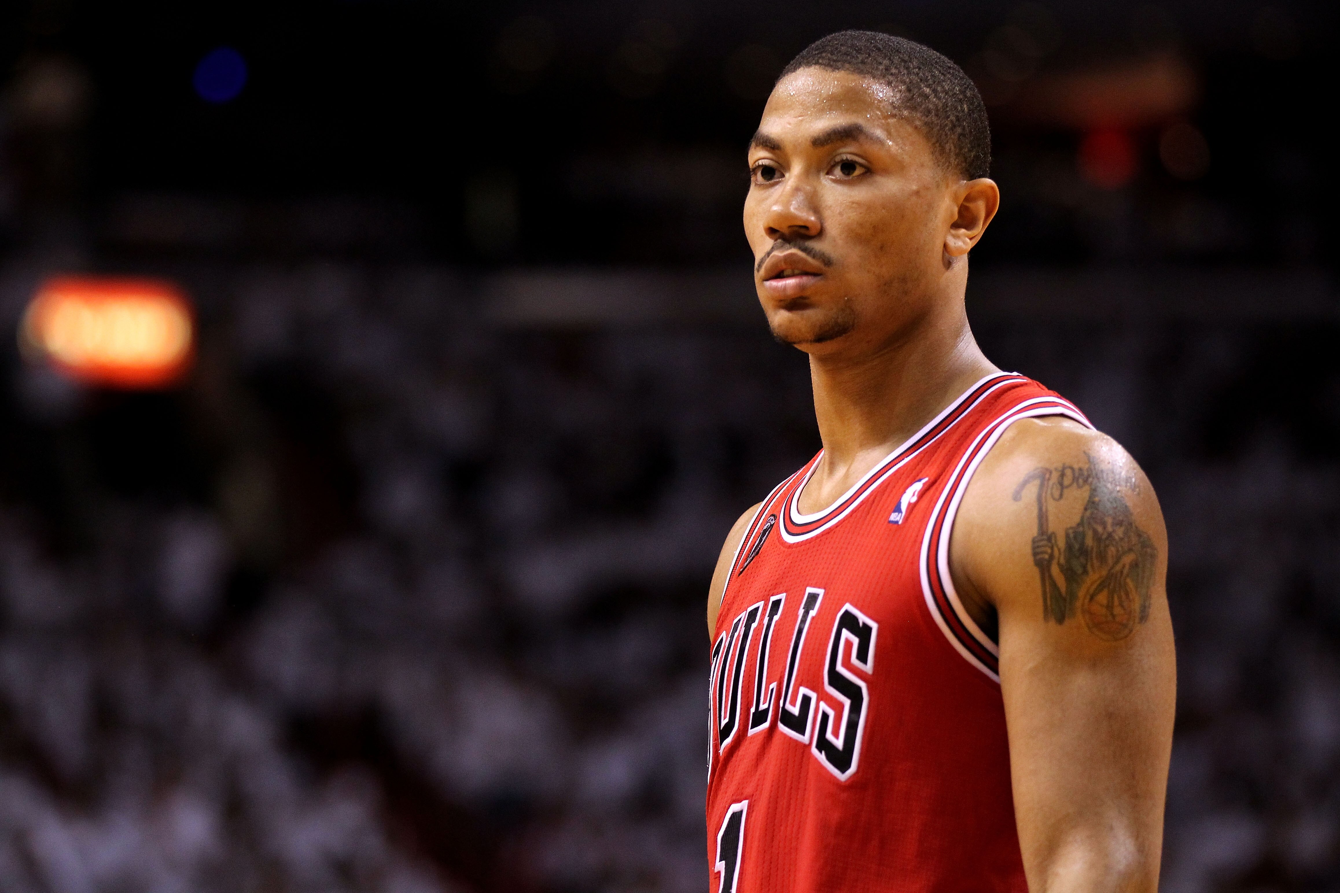 MIAMI, FL - MAY 22:  Derrick Rose #1 of the Chicago Bulls looks on against the Miami Heat in Game Three of the Eastern Conference Finals during the 2011 NBA Playoffs on May 22, 2011 at American Airlines Arena in Miami, Florida.  NOTE TO USER: User express
