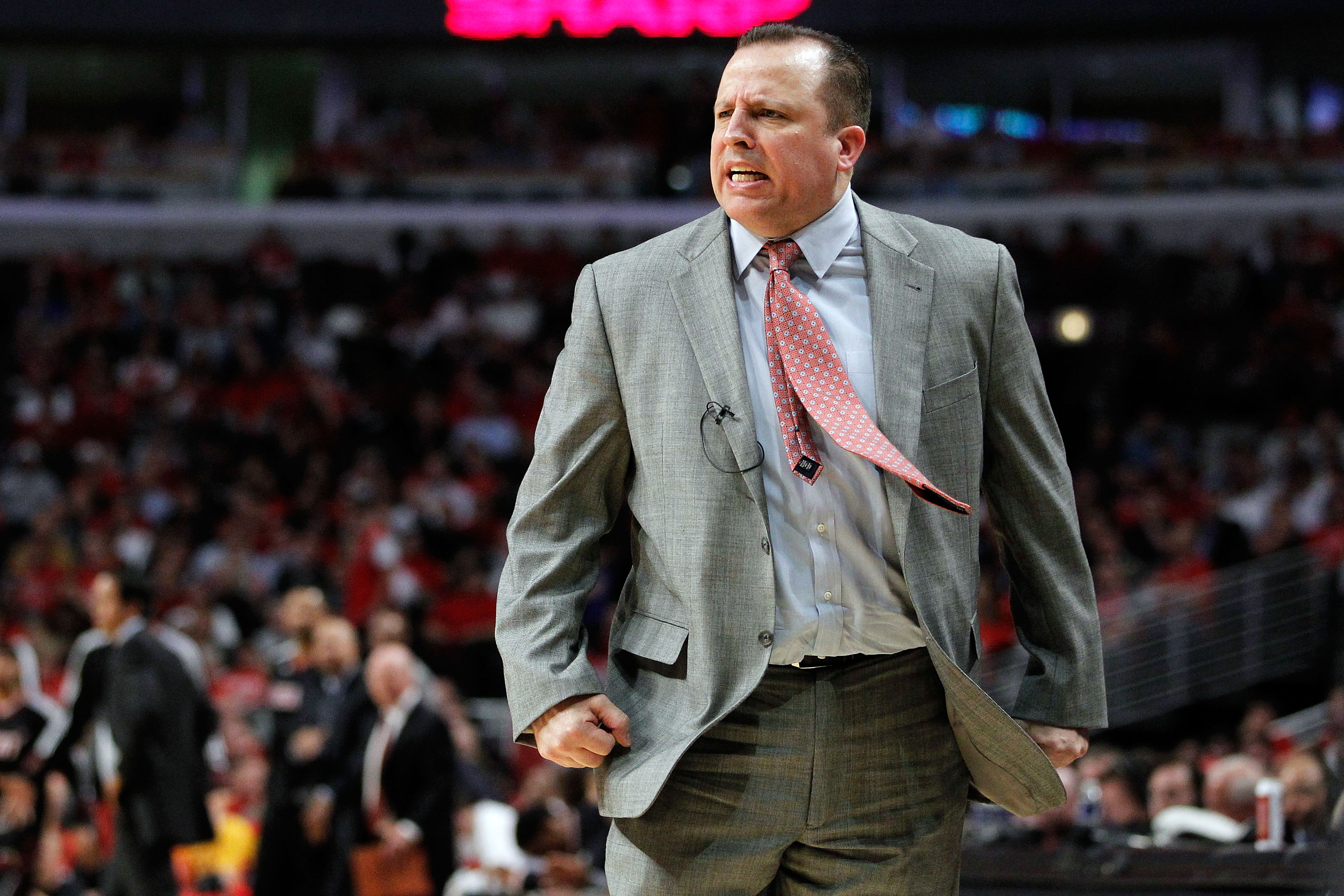CHICAGO, IL - MAY 18:  Head coach Tom Thibodeau of the Chicago Bulls reacts against the Miami Heat in Game Two of the Eastern Conference Finals during the 2011 NBA Playoffs on May 18, 2011 at the United Center in Chicago, Illinois. NOTE TO USER: User expr