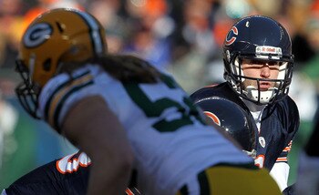 CHICAGO, IL - JANUARY 23:  Quarterback Jay Cutler #6 of the Chicago Bears looks on from under center while taking on the Green Bay Packers in the NFC Championship Game at Soldier Field on January 23, 2011 in Chicago, Illinois.  (Photo by Jamie Squire/Gett