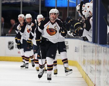 NEW YORK, NY - APRIL 07:  Andrew Ladd #16 of the Atlanta Thrashers celebrates his goal against the New York Rangers during their game on April 7, 2011 at Madison Square Garden in New York City, New York.  (Photo by Al Bello/Getty Images)