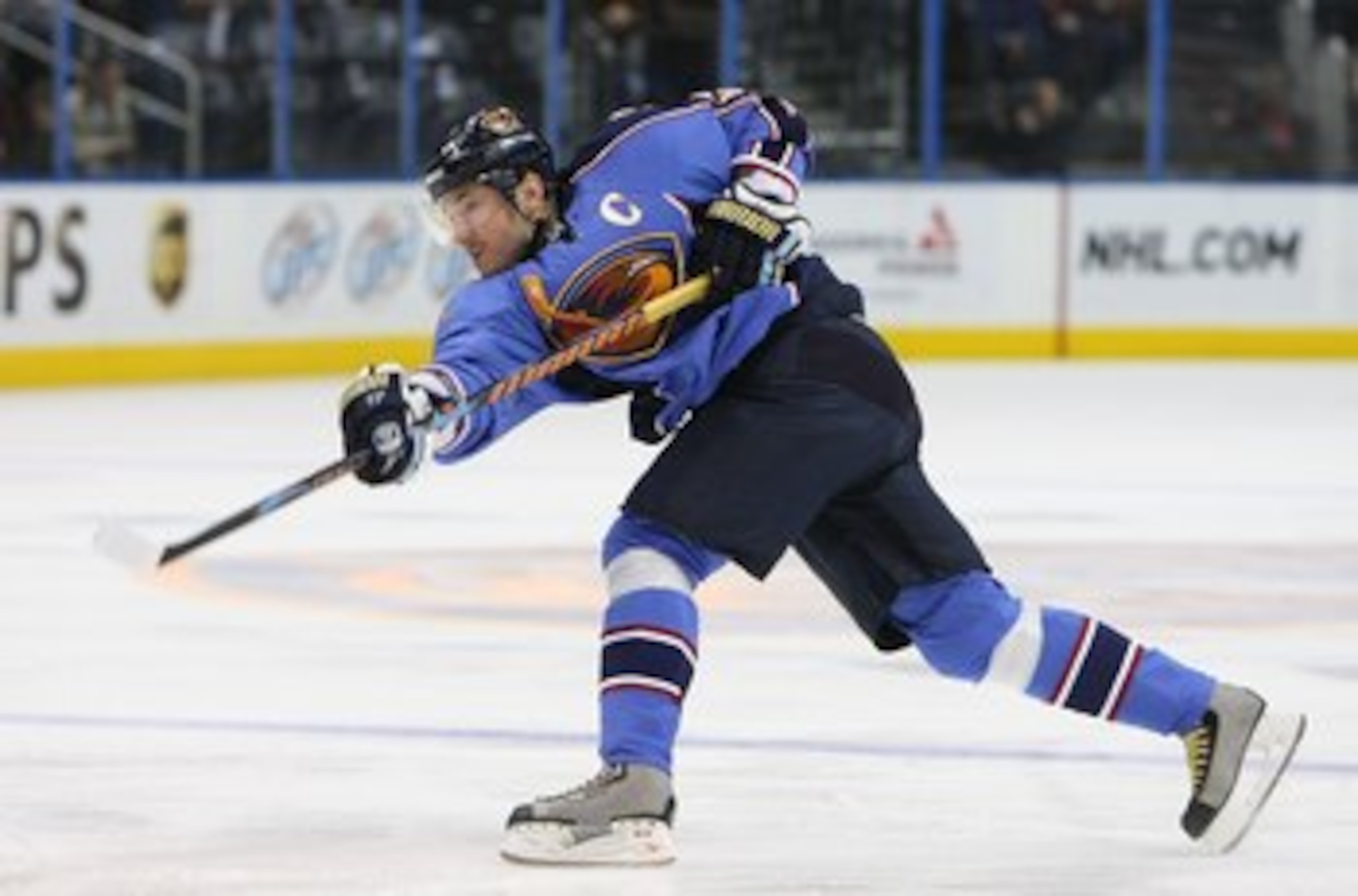 ATLANTA - FEBRUARY 06:  Ilya Kovalchuk #17 of the Atlanta Thrashers takes the shot against the New Jersey Devils on February 6, 2009 at the Philips Arena in Atlanta, Georgia.  (Photo by Bruce Bennett/Getty Images)
