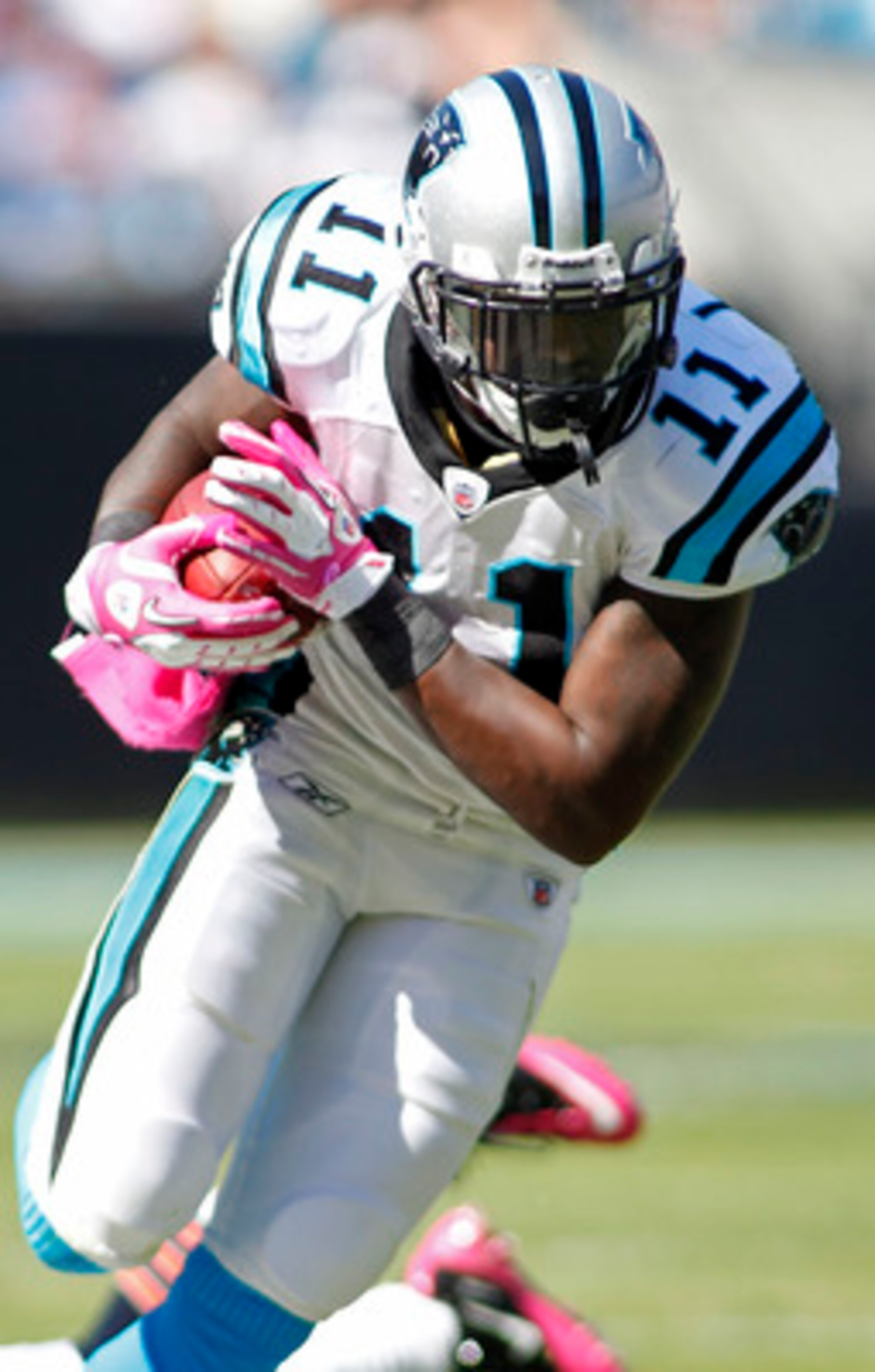 CHARLOTTE, NC - OCTOBER 10: Wide receiver Brandon LaFell #11 of the Carolina Panthers runs with the ball against the Chicago Bears at Bank of America Stadium on October 10, 2010 in Charlotte, North Carolina. (Photo by Geoff Burke/Getty Images)