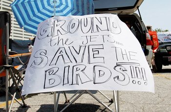 ATLANTA, GA - MAY 21:  A sign displayed outside Philips Arena urges to 'Ground the Jets...Save the Birds' as fans hold a rally to keep the Thrashers in Atlanta at Philips Arena on May 21, 2011 in Atlanta, Georgia.  It has been reported the Thrashers may r