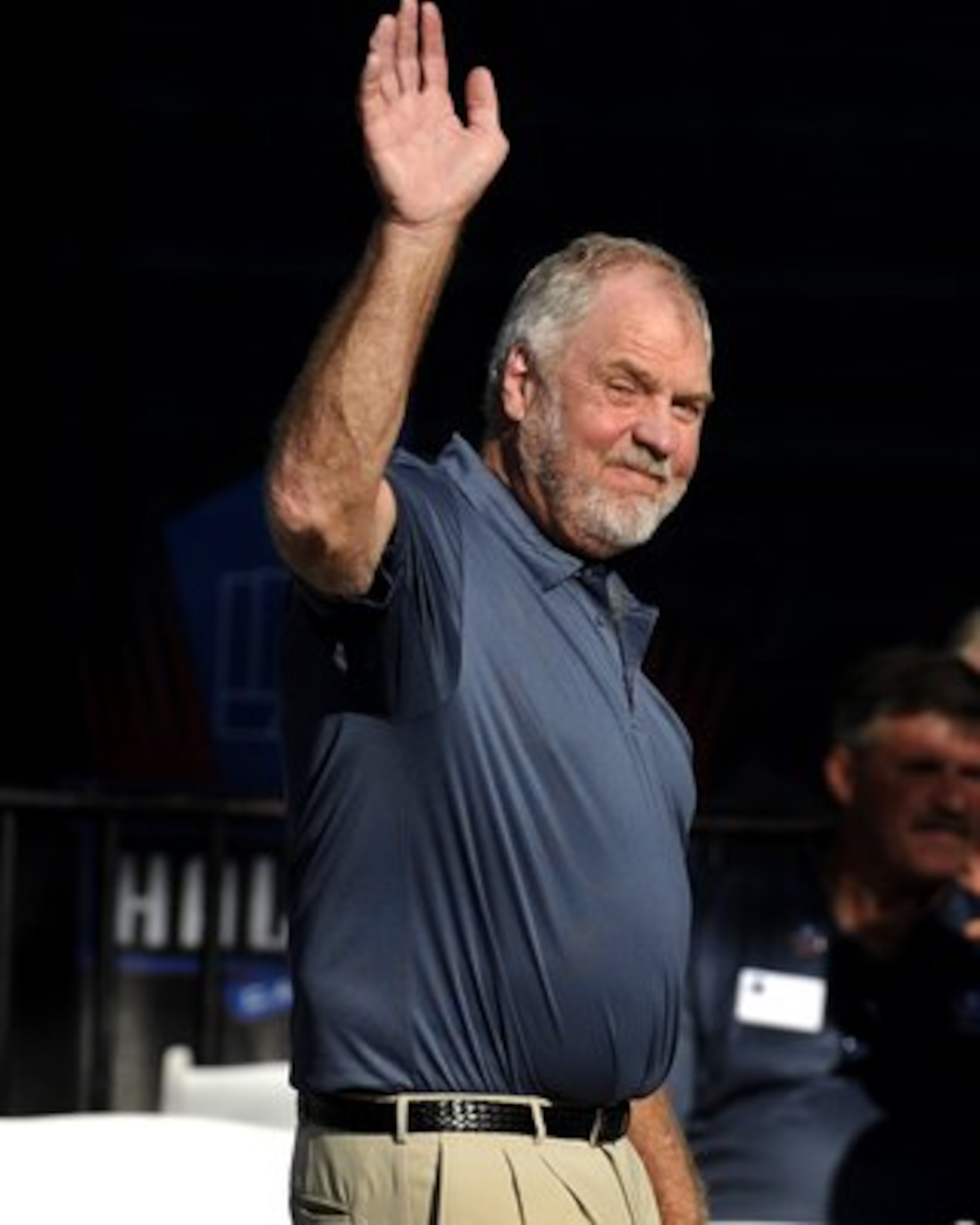 CANTON, OH - AUGUST 2: Merlin Olsen of the Los Angeles Rams greets fans before the Class of 2008 Pro Football Hall of Fame Enshrinement Ceremony at Fawcett Stadium on August 2, 2008 in Canton, Ohio.   (Photo by Al Messerschmidt/Getty Images)