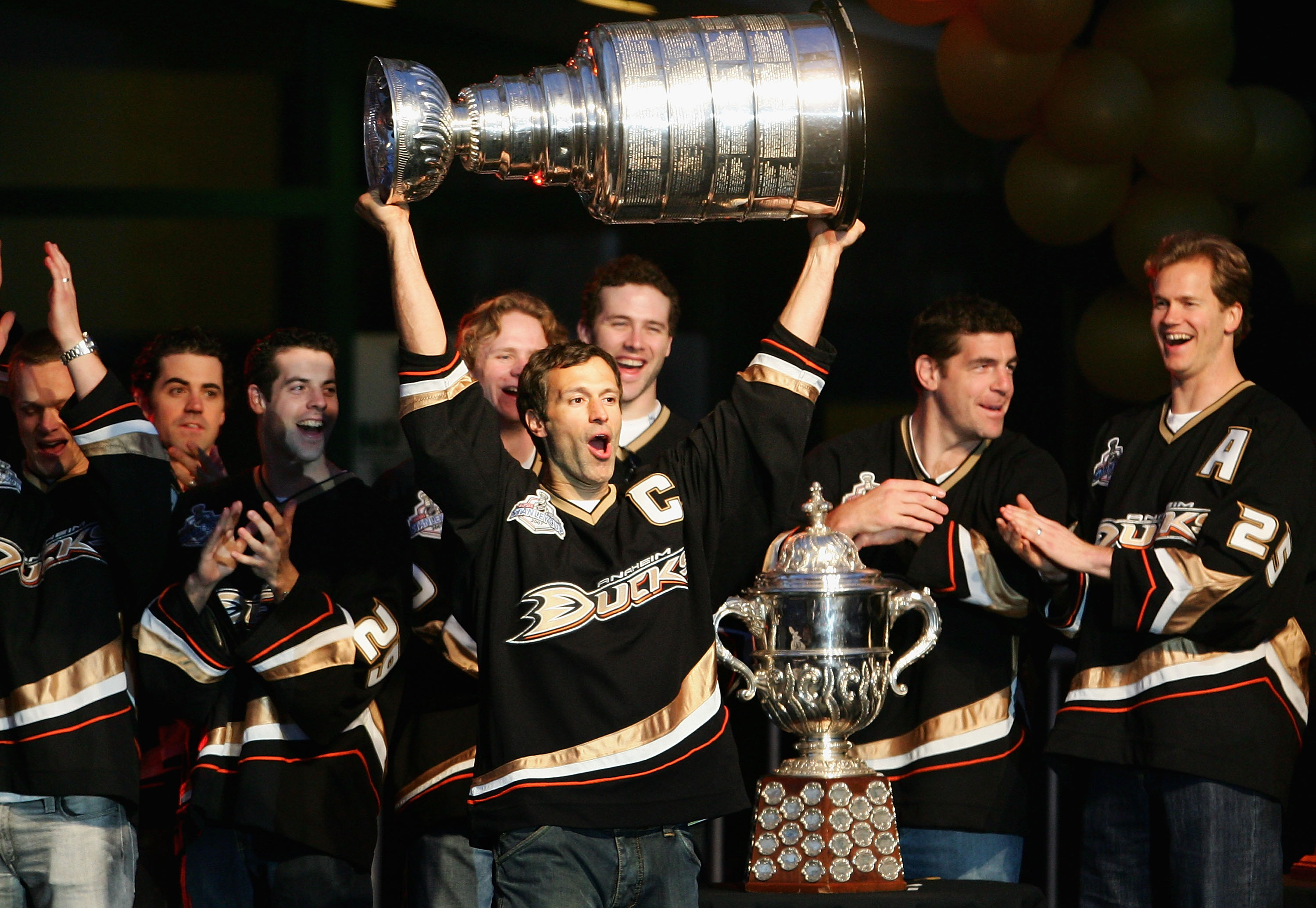 ANAHEIM, CA - JUNE 9:  Scott Niedermayer #27 of the Anaheim Ducks celebrates winning the 2007 Stanley Cup during the 'Anaheim Ducks Stanley Cup Victory Celebration' at Honda Center June 9, 2007 in Anaheim, California.  (Photo by Harry How/Getty Images)