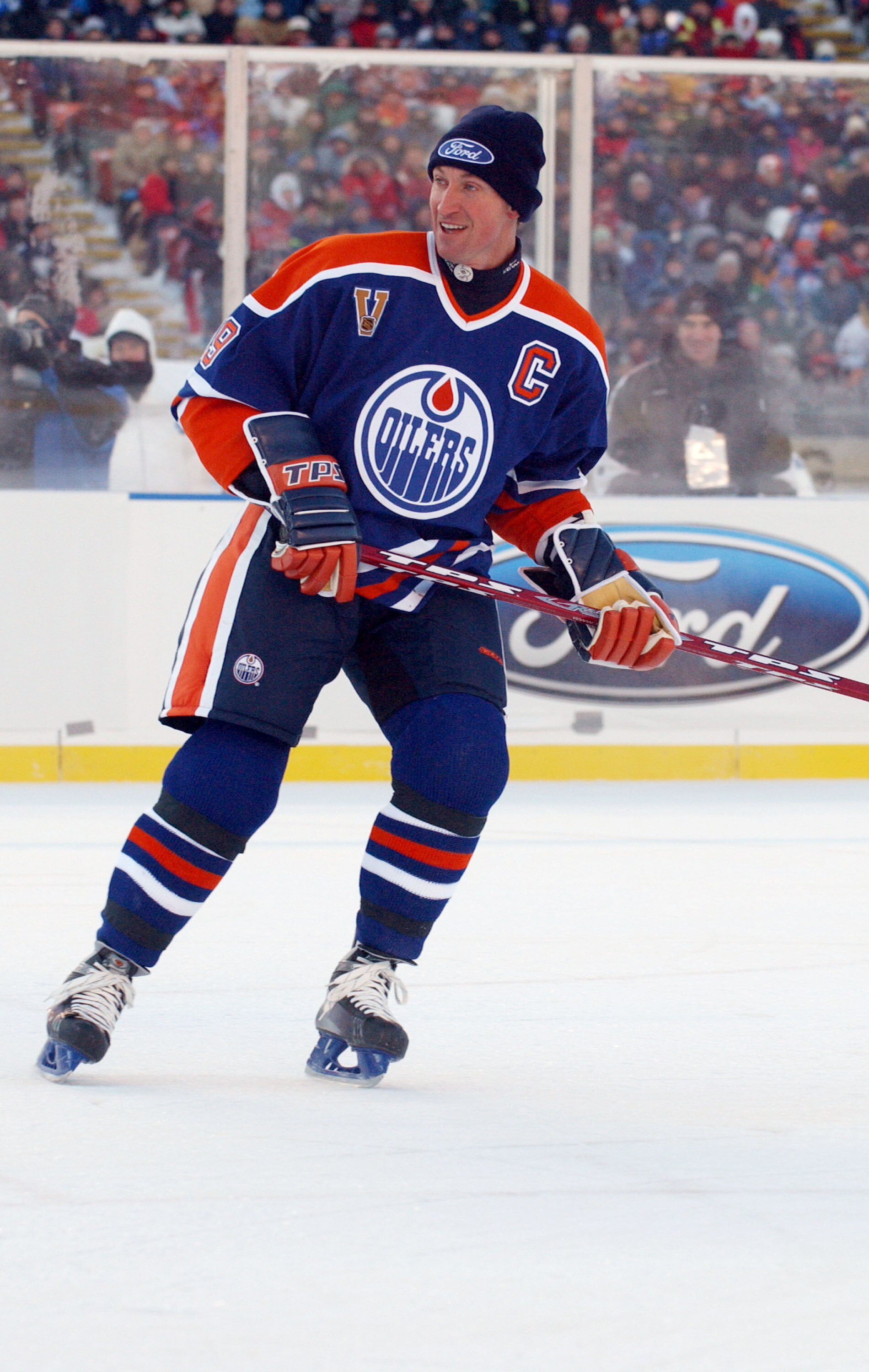 EDMONTON, CANADA - NOVEMBER 22:  Wayne Gretzky #99 of the Edmonton Oilers skates against the Montreal Canadiens during the Molson Canadien Heritage Classic Megastars Game on November 22, 2003 at Commonwealth Stadium in Edmonton, Canada.  (Photo by Dave Sa