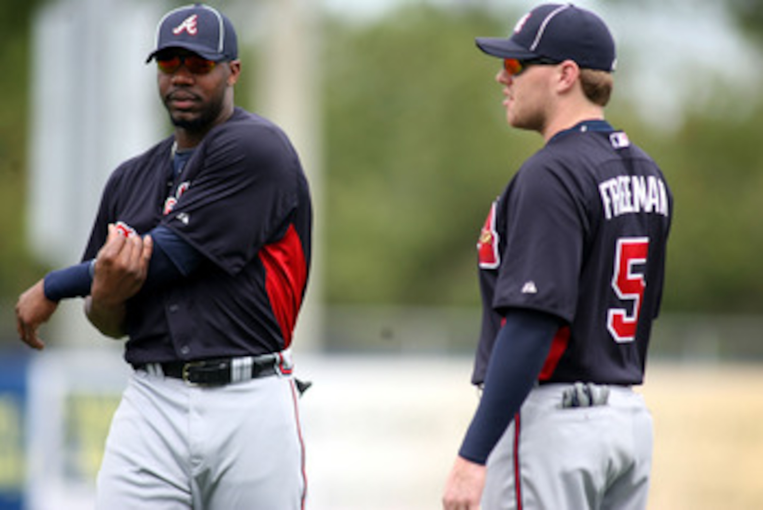PORT ST. LUCIE, FL - FEBRUARY 26: Jason Heyward #22 and Freddie Freeman #5 of the Atlanta Braves swarm up prior to playing against the New York Mets at Digital Domain Park on February 26, 2011 in Port St. Lucie, Florida. (Photo by Marc Serota/Getty Imag PORT ST. LUCIE, FL - FEBRUARY 26: Jason Heyward #22 and Freddie Freeman #5 of the Atlanta Braves swarm up prior to playing against the New York Mets at Digital Domain Park on February 26, 2011 in Port St. Lucie, Florida. (Photo by Marc Serota/Getty Imag