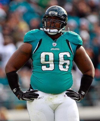 JACKSONVILLE, FL - DECEMBER 12:  Terrance Knighton #96 of the Jacksonville Jaguars looks toward the scoreboard during the game against the Oakland Raiders at EverBank Field on December 12, 2010 in Jacksonville, Florida.  (Photo by Sam Greenwood/Getty Imag