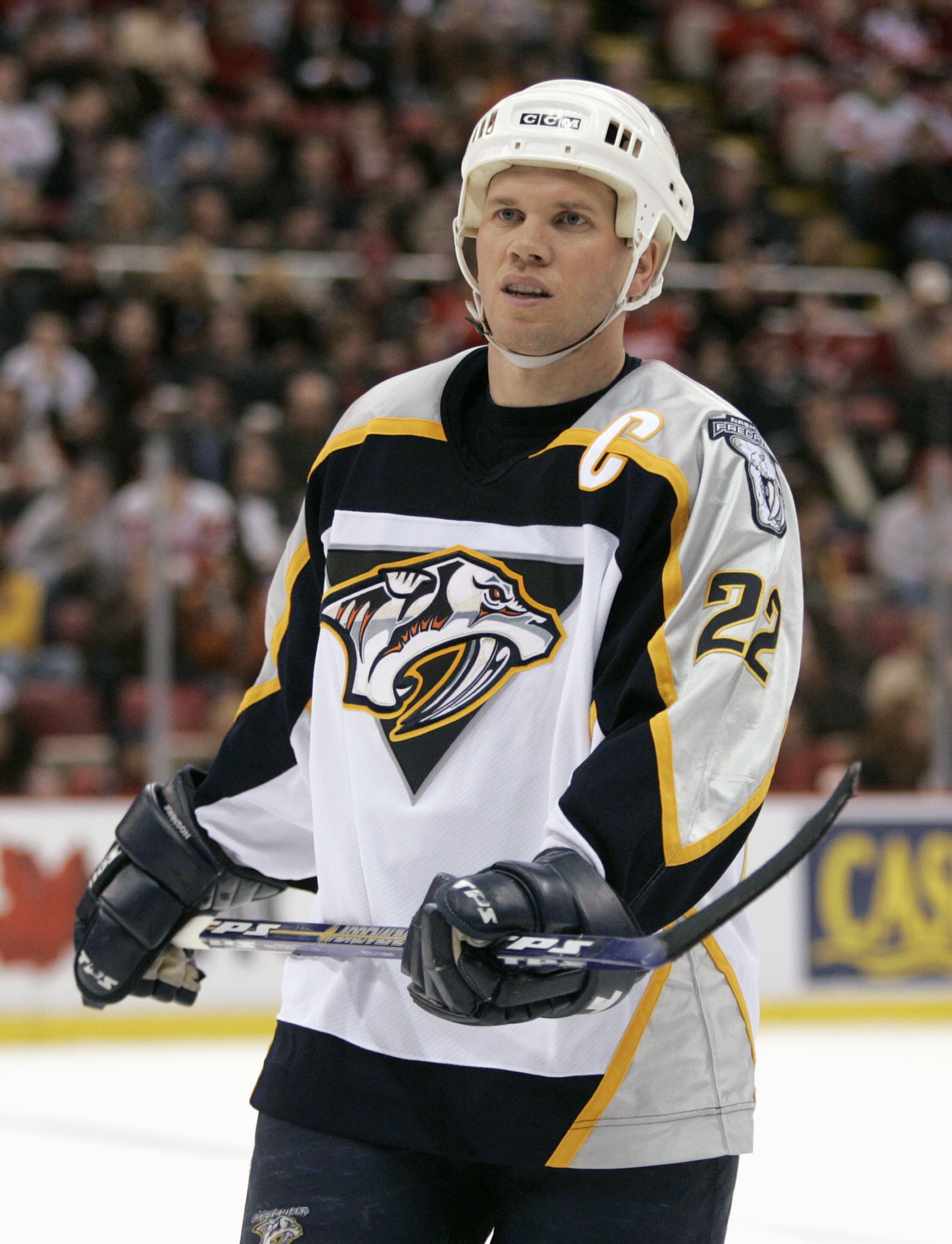 DETROIT - MARCH 21: Greg Johnson #22 of the Nashville Predators skates during the game against the Detroit Red Wings on March 21, 2006 in Detroit, Michigan. Nashville won the game 3-2 in a overtime shootout. (Photo By Gregory Shamus/Getty Images)