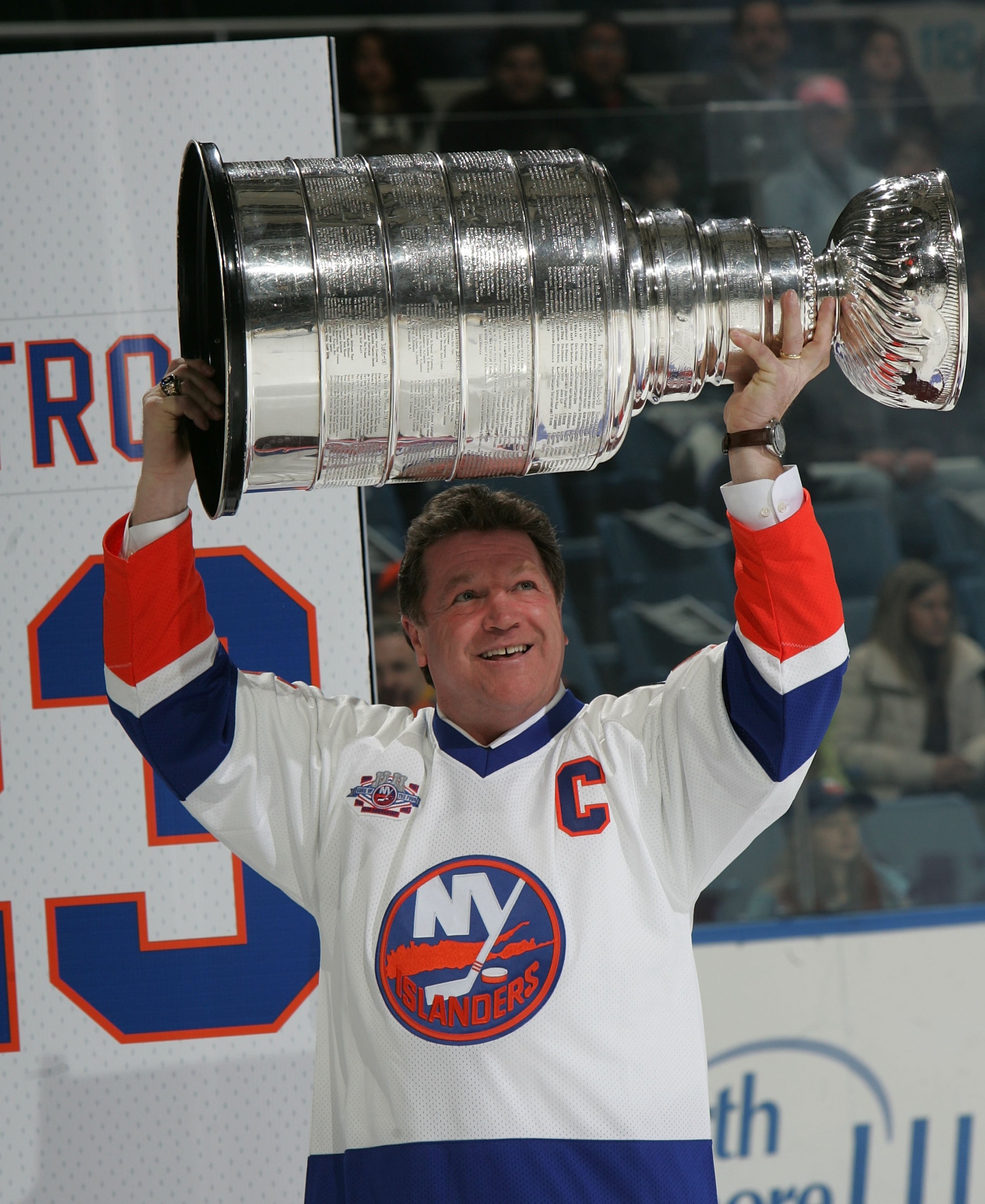 UNIONDALE, NY - MARCH 02: Denis Potvin of 'The 'Core of the Four' New York Islanders Stanley Cup championships take part in a ceremony prior to the Islanders game against the Florida Panthers on March 2, 2008 at the Nassau Coliseum in Uniondale, New York UNIONDALE, NY - MARCH 02: Denis Potvin of 'The 'Core of the Four' New York Islanders Stanley Cup championships take part in a ceremony prior to the Islanders game against the Florida Panthers on March 2, 2008 at the Nassau Coliseum in Uniondale, New York