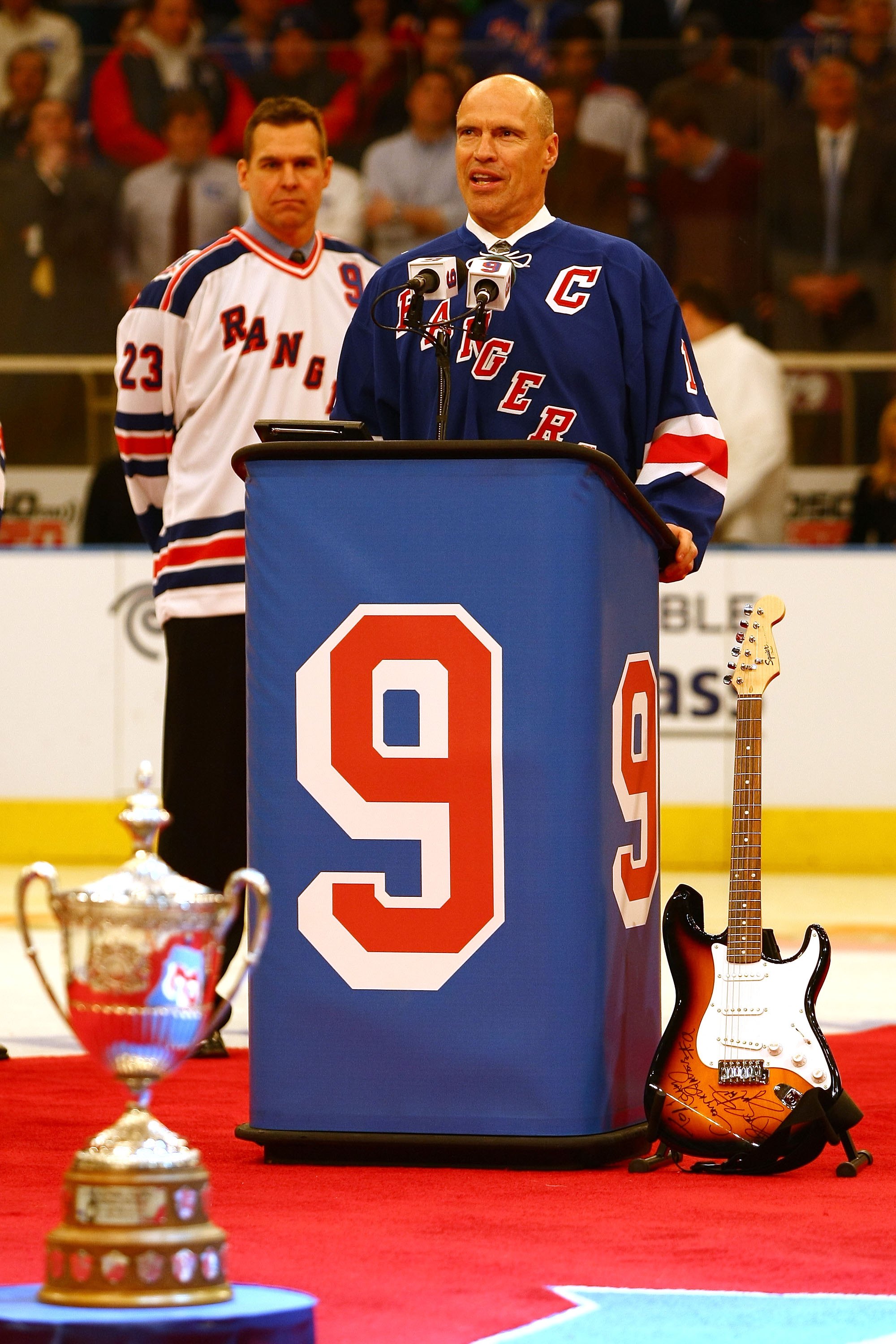 NEW YORK - FEBRUARY 03: Mark Messier speaks during the jersey retirement ceremony for former New York Rangers player Adam Graves #9 prior to the start of the match between the New York Rangers and the Atlanta Thrashers on February 03, 2008 at Madison Squa