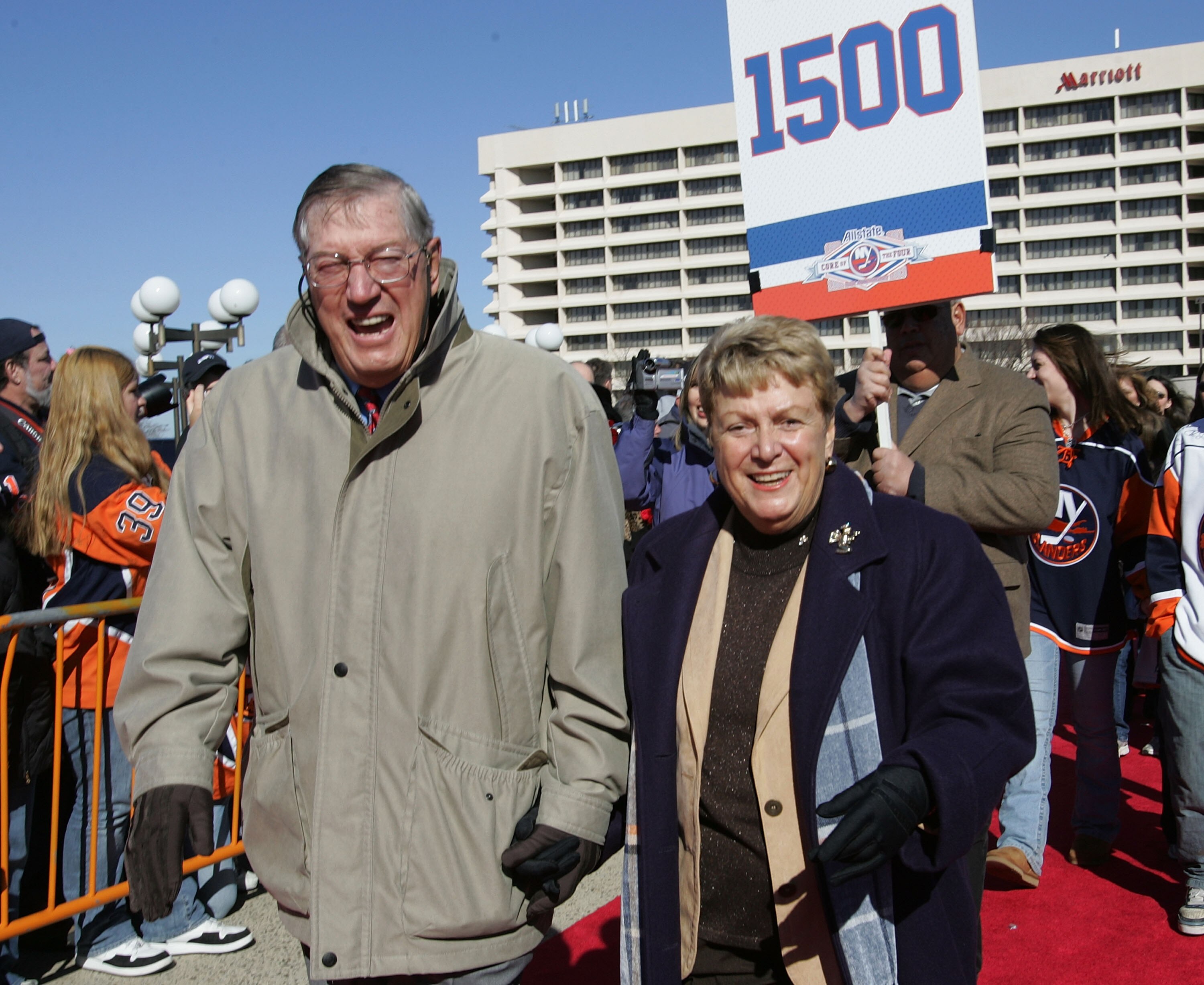 UNIONDALE, NY - MARCH 02:  Coach Al Arbour and his wife Clare of the 'Core of the Four' New York Islanders Stanley Cup victories take part in a ceremony prior to the Islanders game against the Florida Panthers at the Nassau Coliseum March 2, 2008 in Union