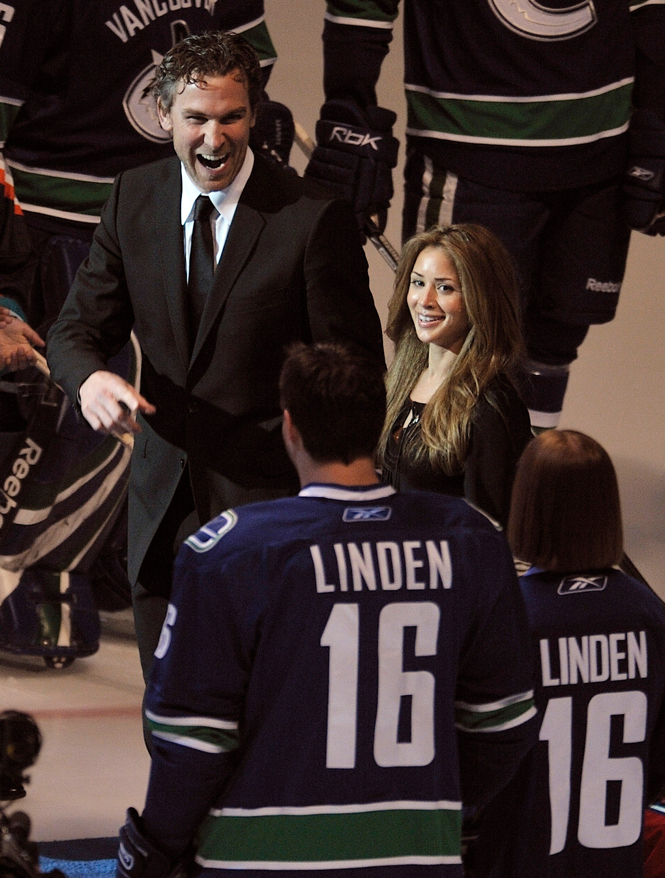 VANCOUVER, CANADA - DECEMBER 17: Trevor Linden (L), formerly of the Vancouver Canucks smiles and laughs at former teammates and friends wearing #16 jerseys bearing his name at General Motors Place December 17, 2008 in Vancouver, British Columbia, Canada.