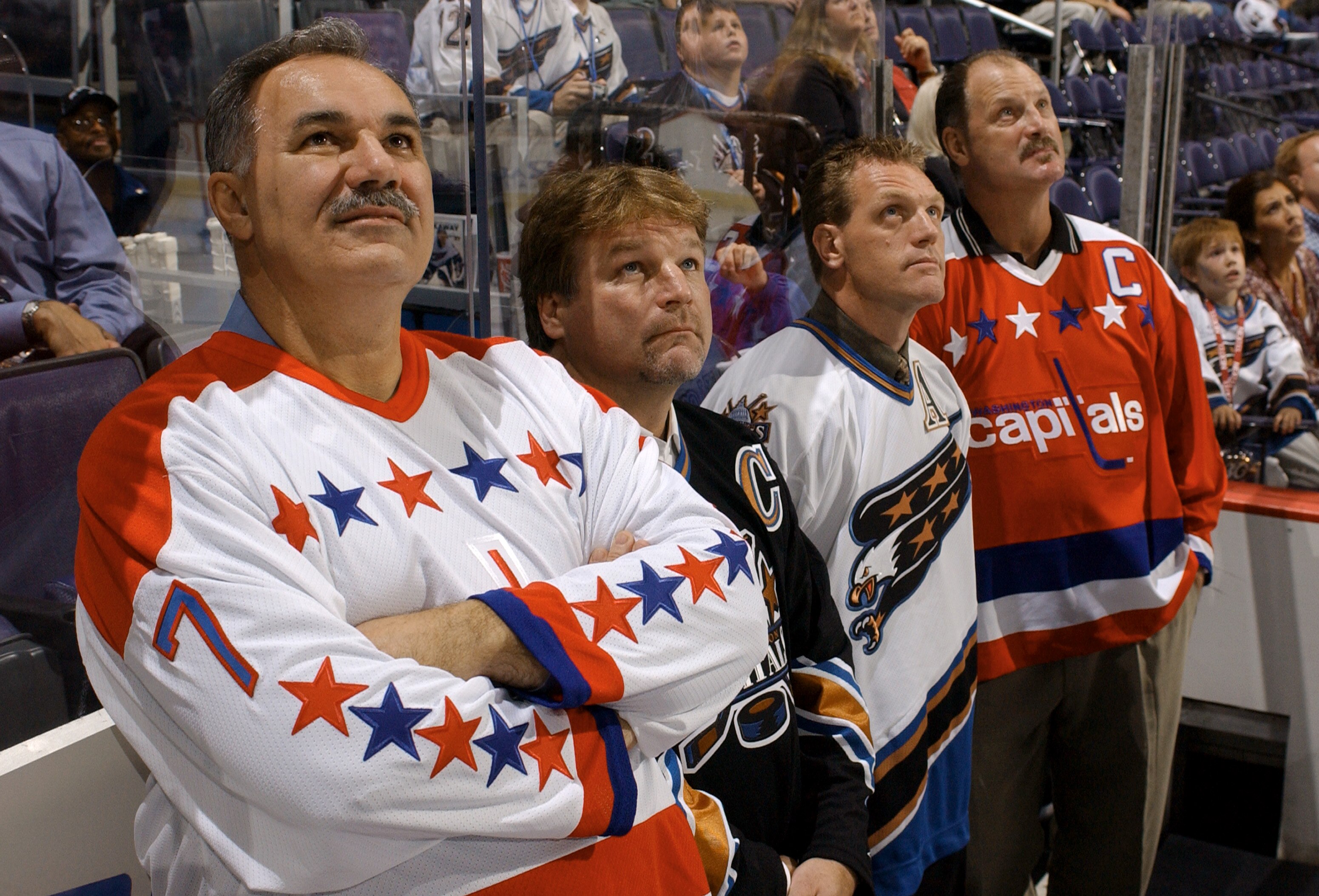 WASHINGTON - OCTOBER 9:  The Washington Capitals honor four of their all-time greats in a pregame ceremony to open their 30th season, (l-r) Yvon Labre (representing the 1970s), Dale Hunter (1990s), Calle Johansson (2000s) and Rod Langway (1980s) during th