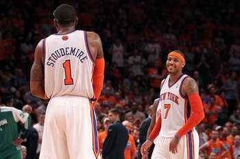 NEW YORK, NY - APRIL 24:  (L-R) Amar'e Stoudemire #1 and Carmelo Anthony #7 of the New York Knicks stand on court against the Boston Celtics in Game Four of the Eastern Conference Quarterfinals during the 2011 NBA Playoffs on April 24, 2011 at Madison Squ