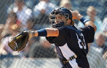 TAMPA, FL - FEBRUARY 21: Jesus Montero #83 of the New York Yankees works out during the second day of full teams workouts at Spring Training on February 21, 2011 at the George M. Steinbrenner Field in Tampa, Florida.  (Photo by Leon Halip/Getty Images)